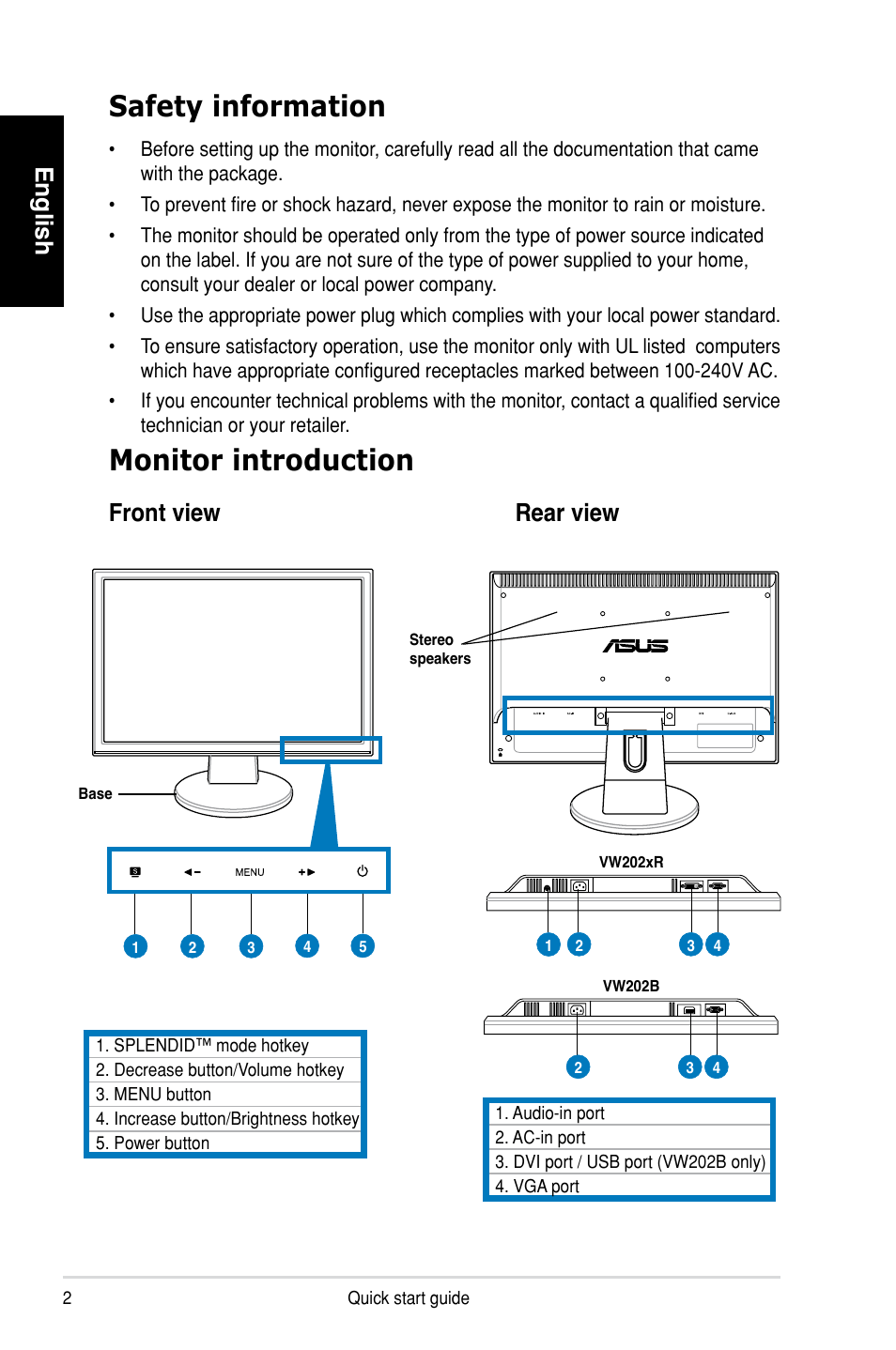 Safety information, Monitor introduction, English | Front view rear view | Asus VW202TR User Manual | Page 2 / 8