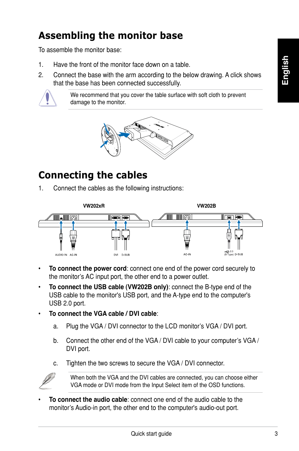 Connecting the cables assembling the monitor base, English | Asus VW202TR User Manual | Page 3 / 8