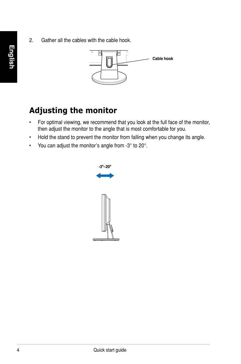 Adjusting the monitor, English | Asus VW202TR User Manual | Page 4 / 8