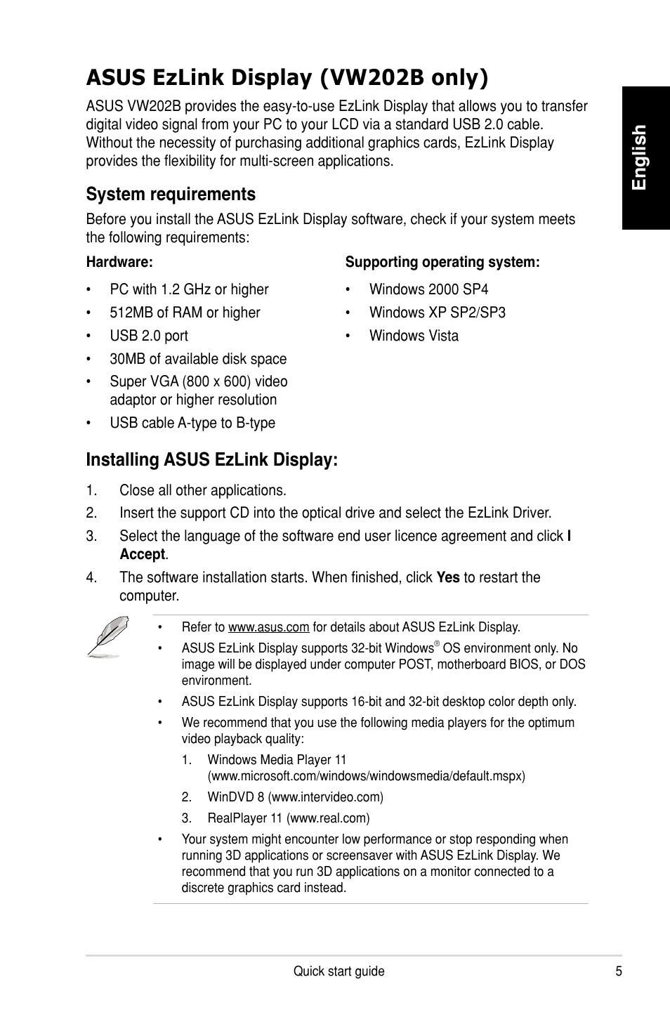 Asus ezlink display (vw202b only), English, Installing asus ezlink display | System requirements | Asus VW202TR User Manual | Page 5 / 8