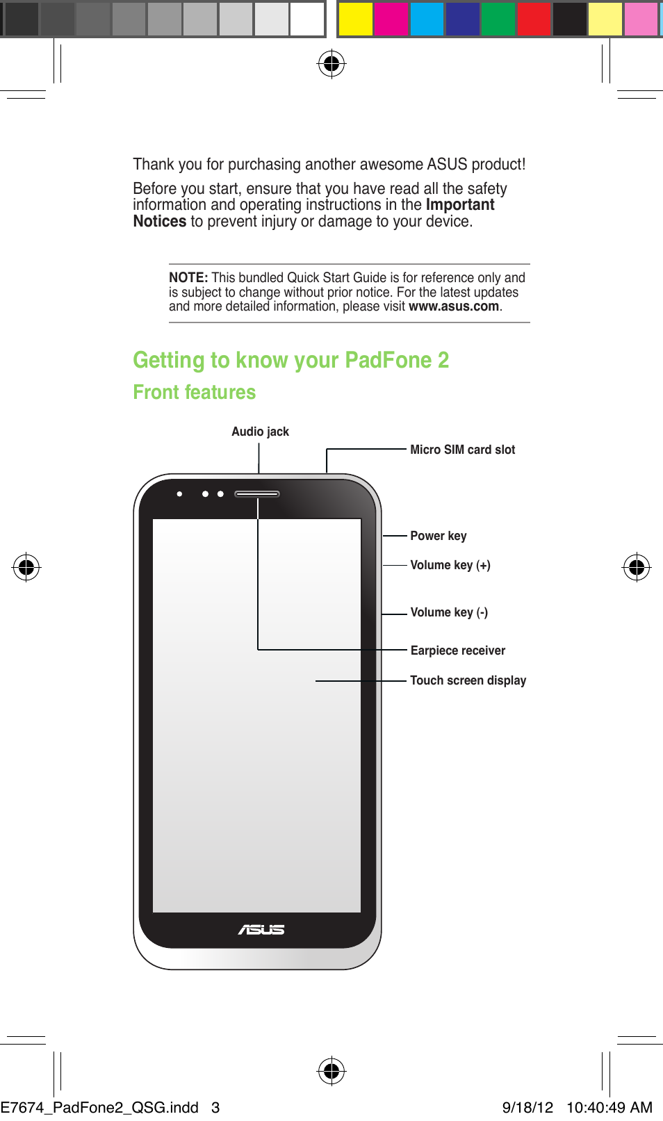 Getting to know your padfone 2, Front features | Asus PadFone 2 User Manual | Page 3 / 8
