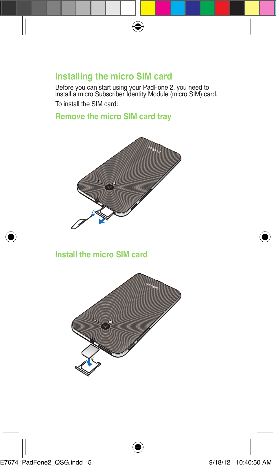Installing the micro sim card | Asus PadFone 2 User Manual | Page 5 / 8