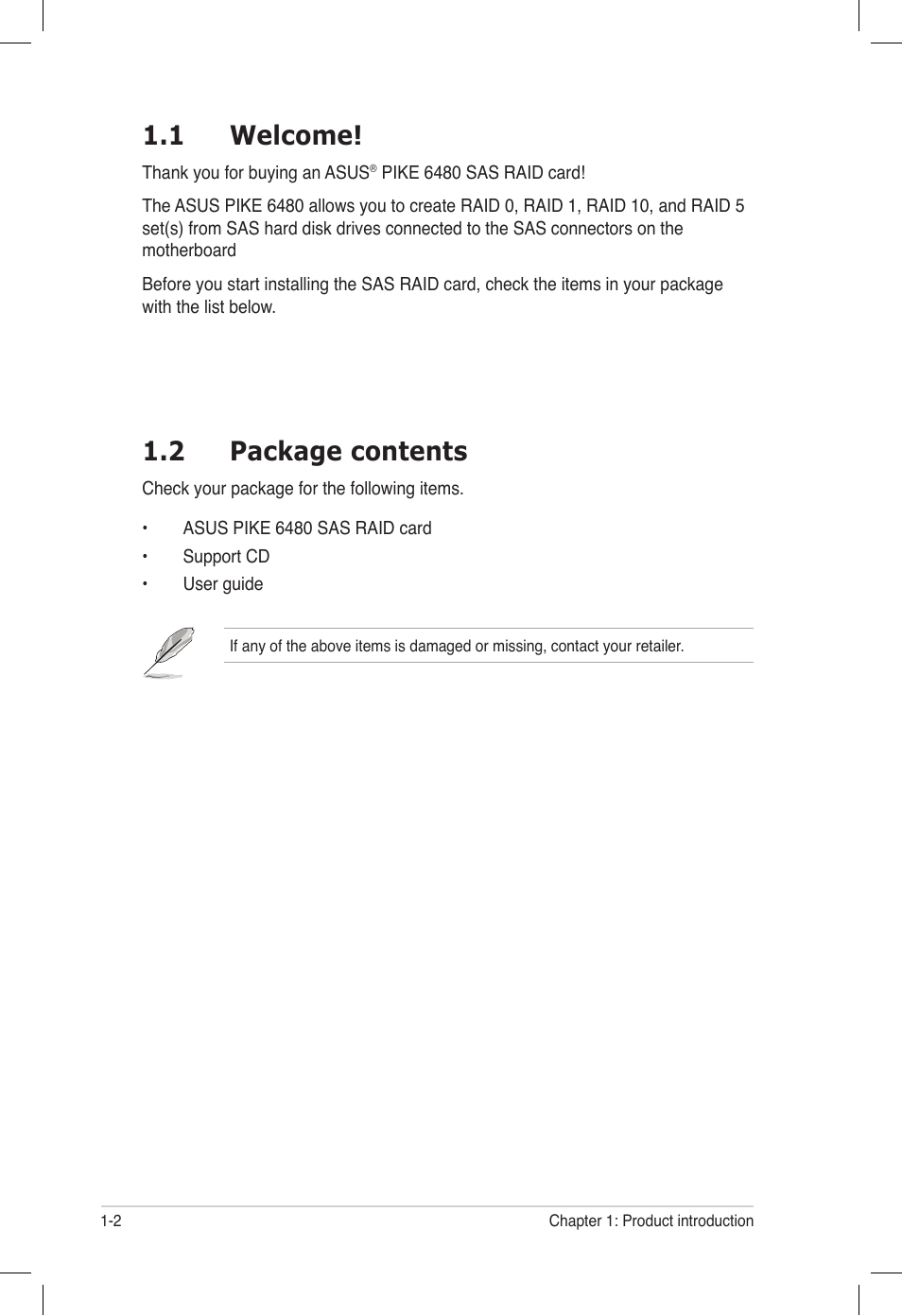 1 welcome, 2 package contents, Welcome! -2 | Package contents -2 | Asus PIKE 6480 User Manual | Page 10 / 40