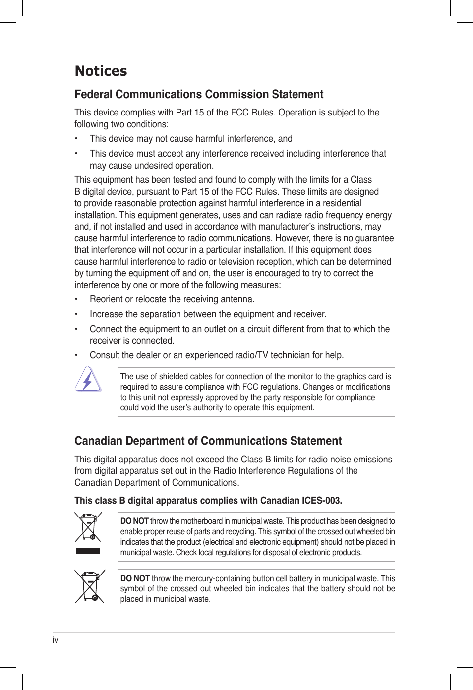 Notices, Federal communications commission statement, Canadian department of communications statement | Asus PIKE 6480 User Manual | Page 4 / 40