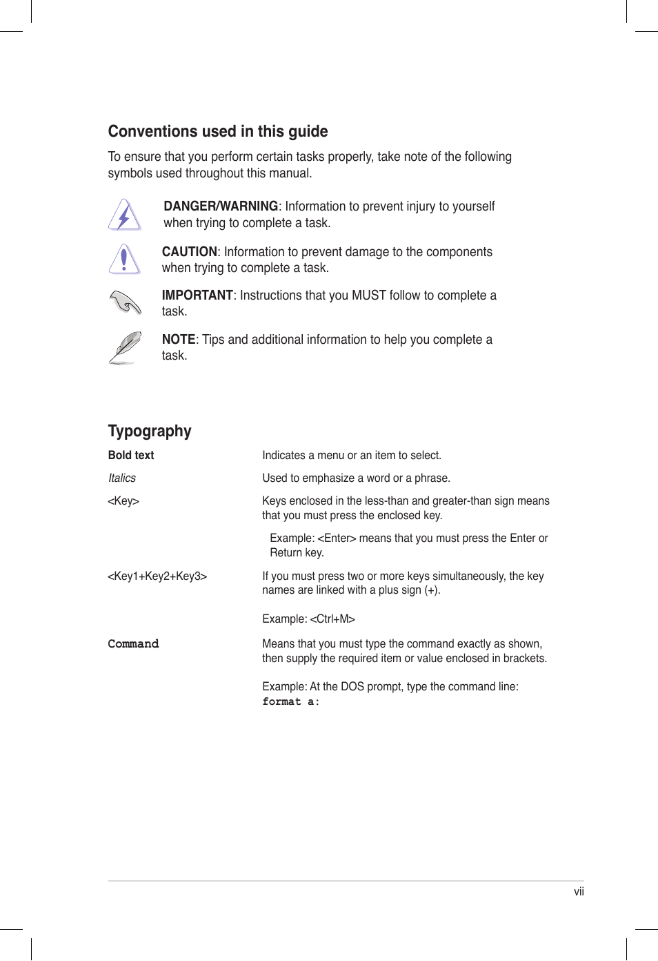 Typography, Conventions used in this guide | Asus PIKE 6480 User Manual | Page 7 / 40