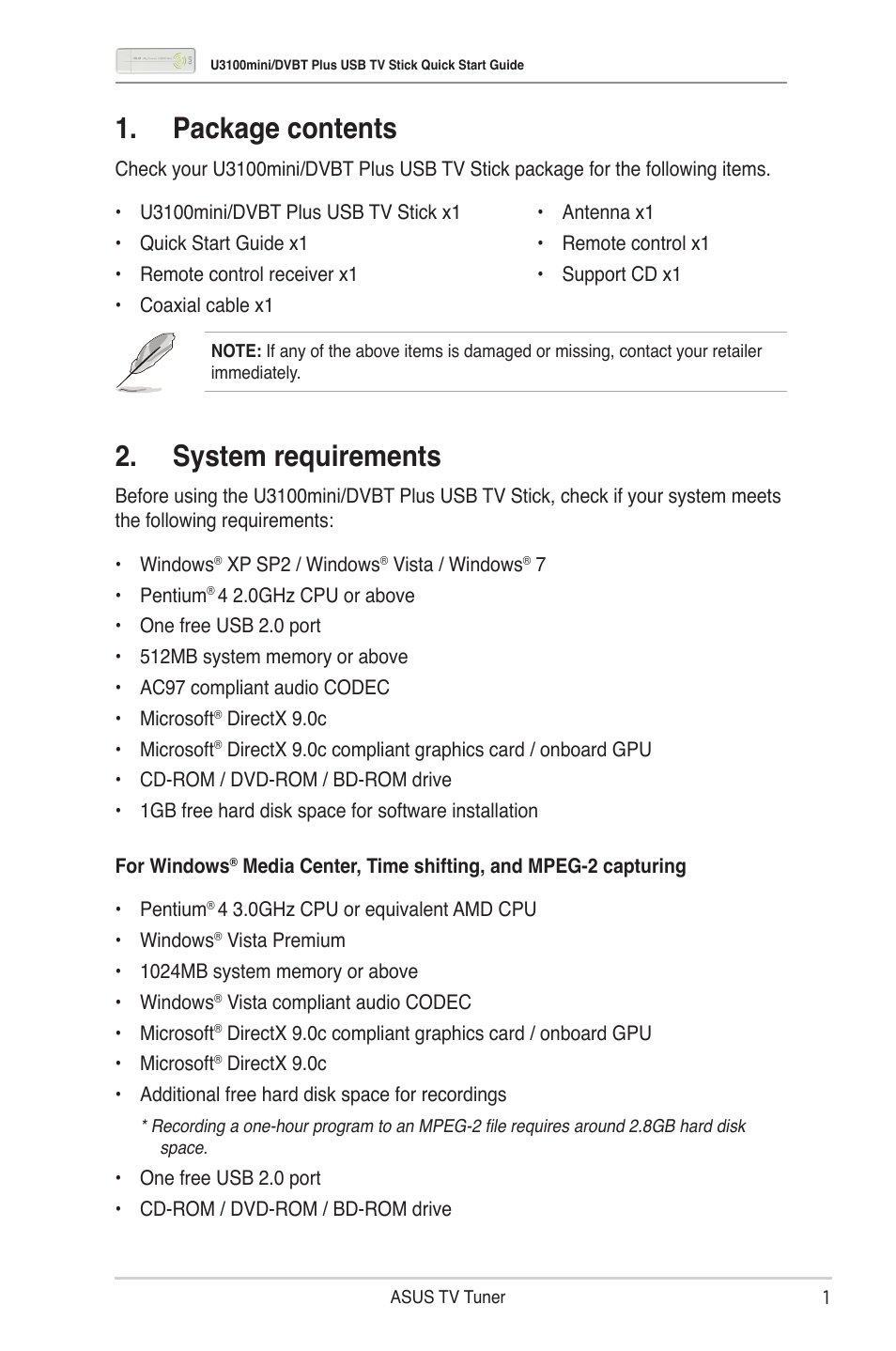 Package contents, System requirements | Asus My Cinema-U3100Mini/DVBT User Manual | Page 2 / 6