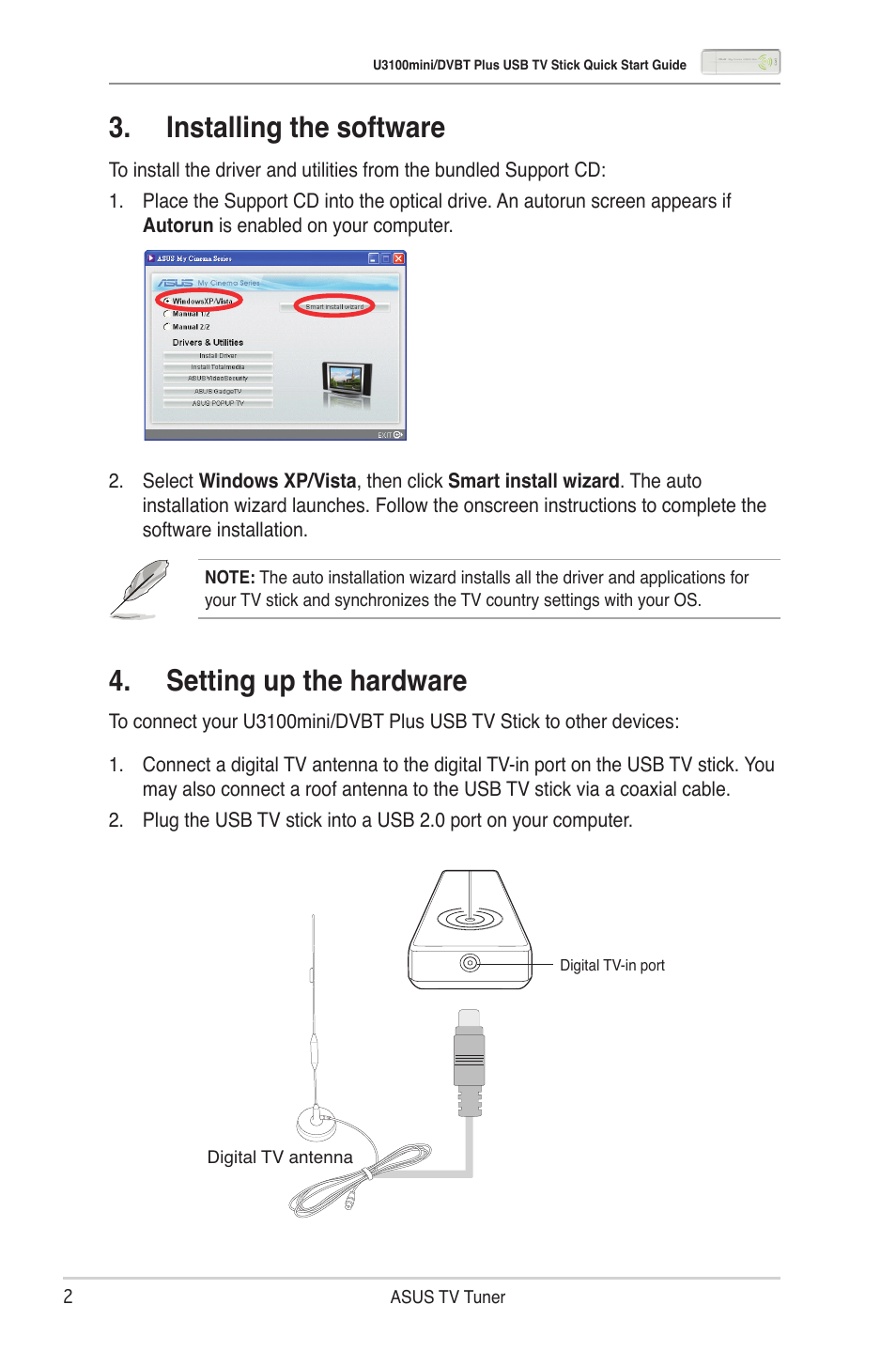 Setting up the hardware, Installing the software | Asus My Cinema-U3100Mini/DVBT User Manual | Page 3 / 6