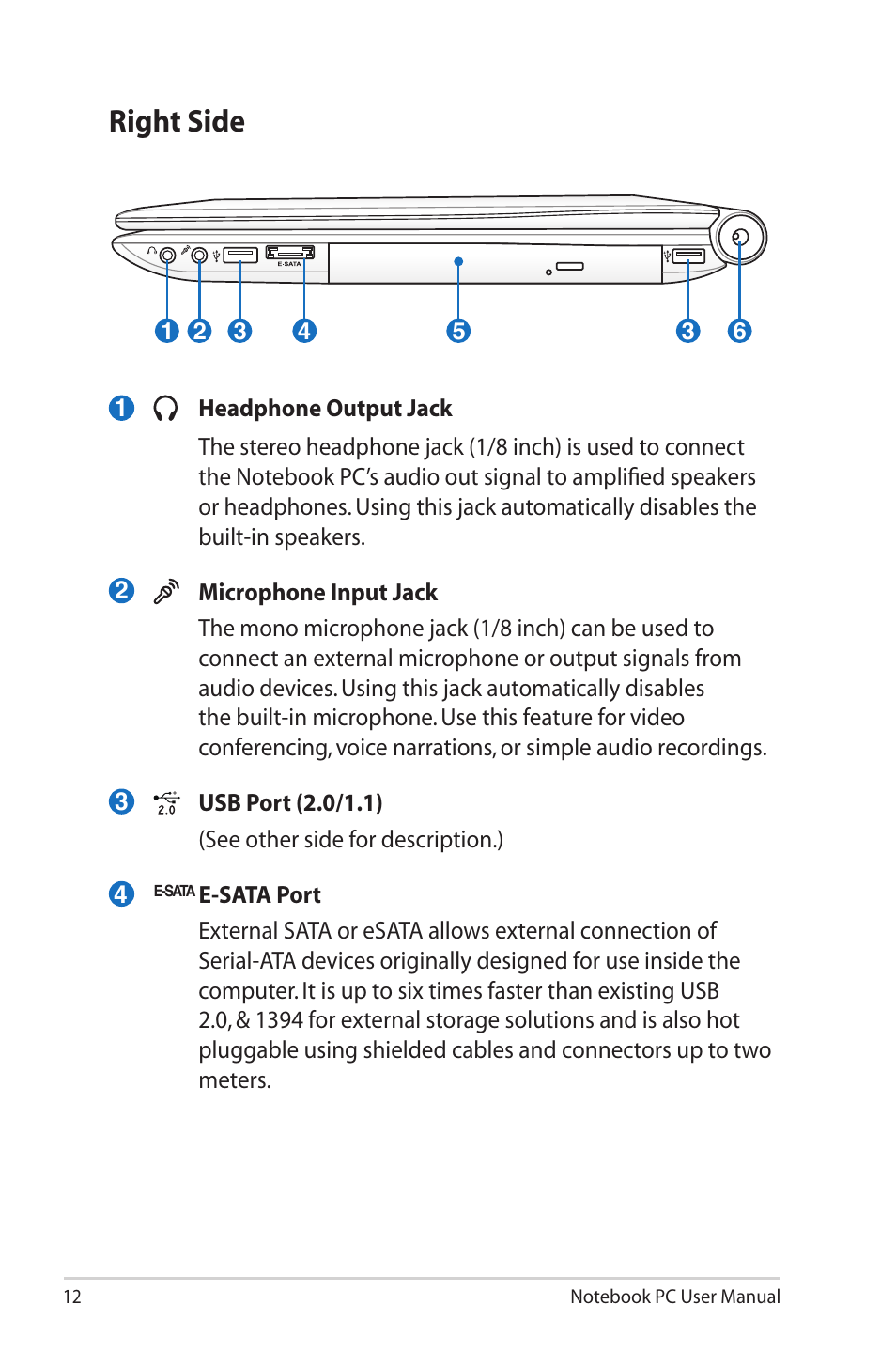 Right side | Asus U50F User Manual | Page 12 / 28