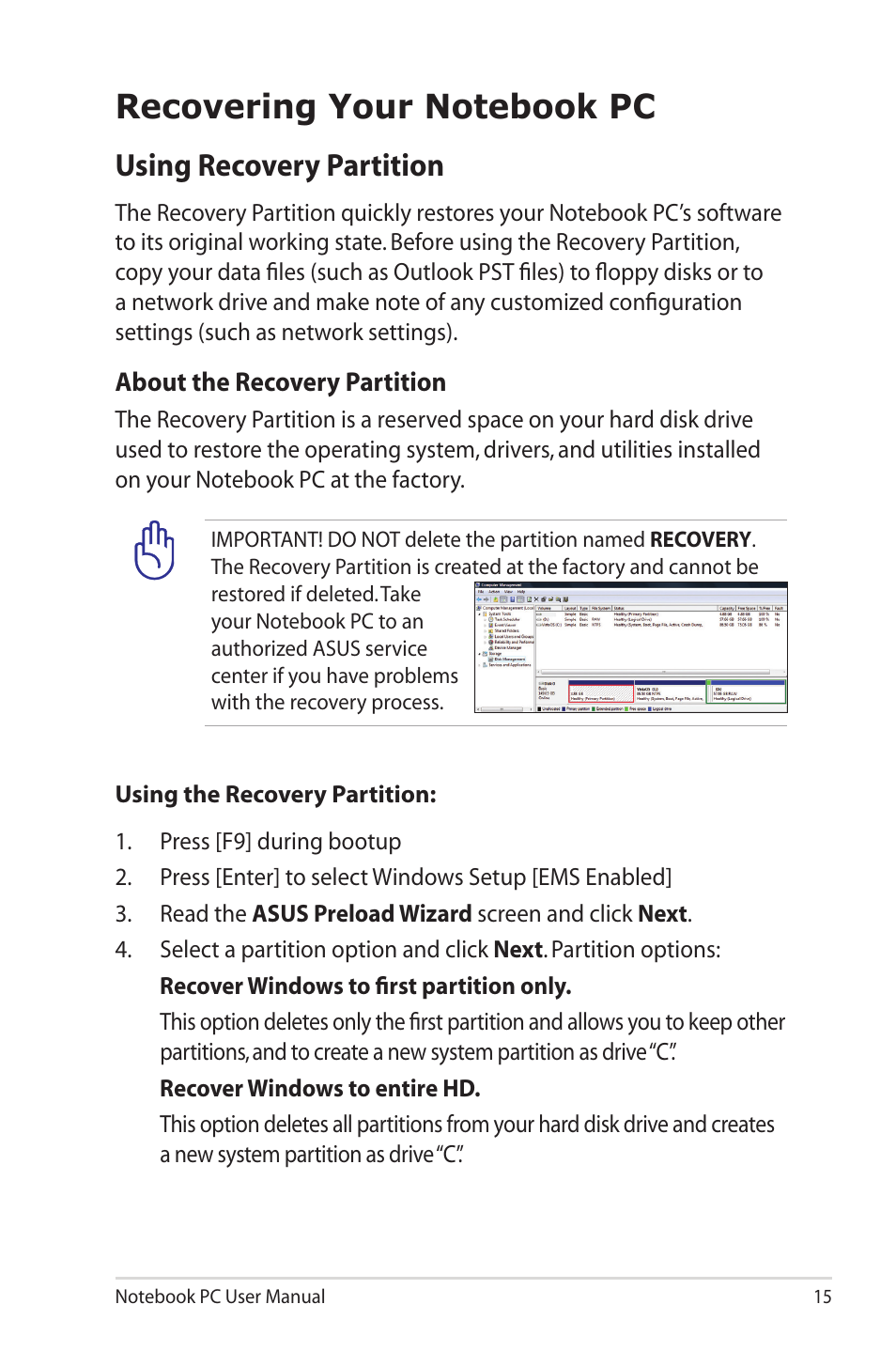 Recovering your notebook pc, Using recovery partition | Asus U50F User Manual | Page 15 / 28