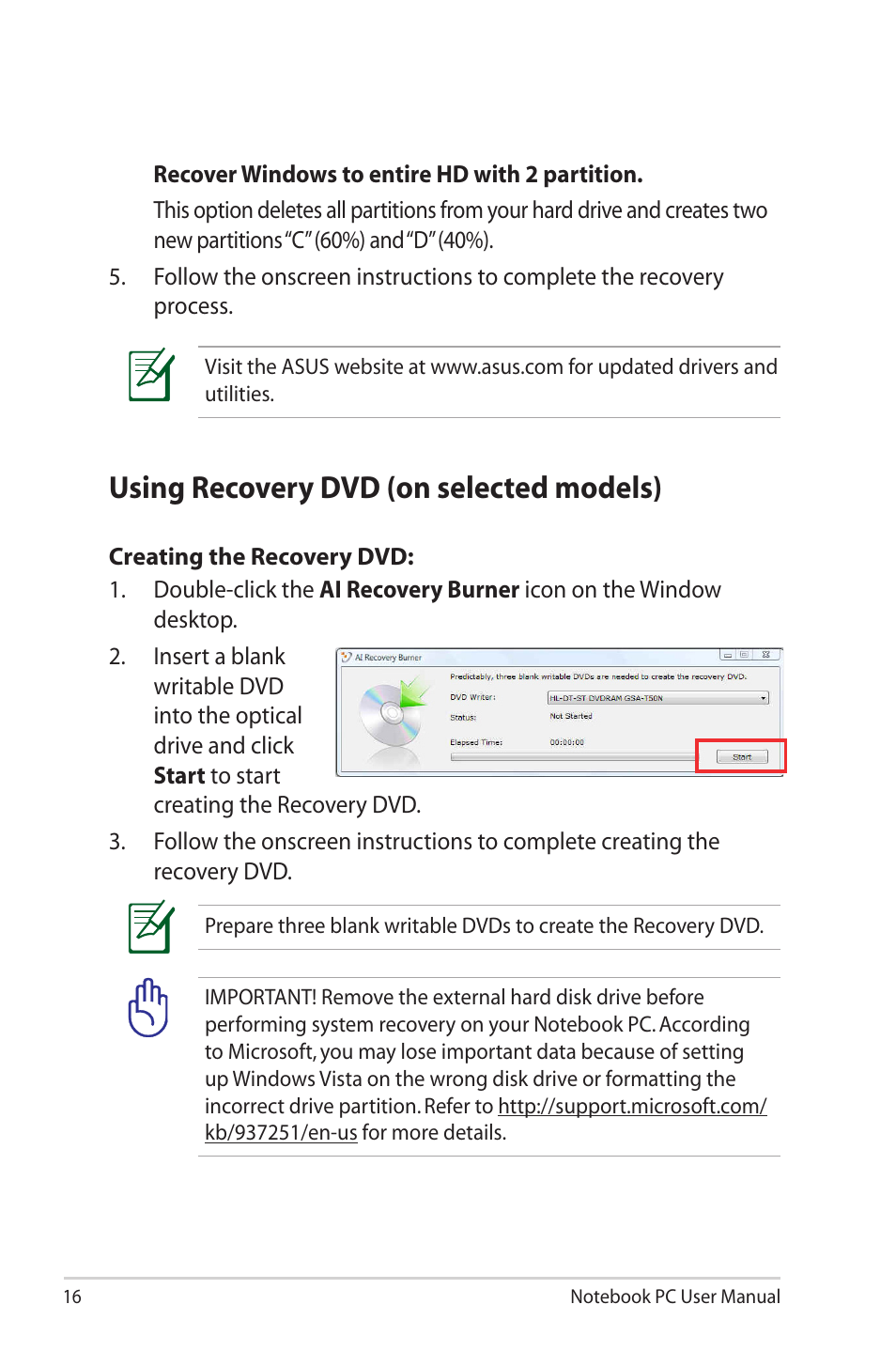 Using recovery dvd (on selected models) | Asus U50F User Manual | Page 16 / 28