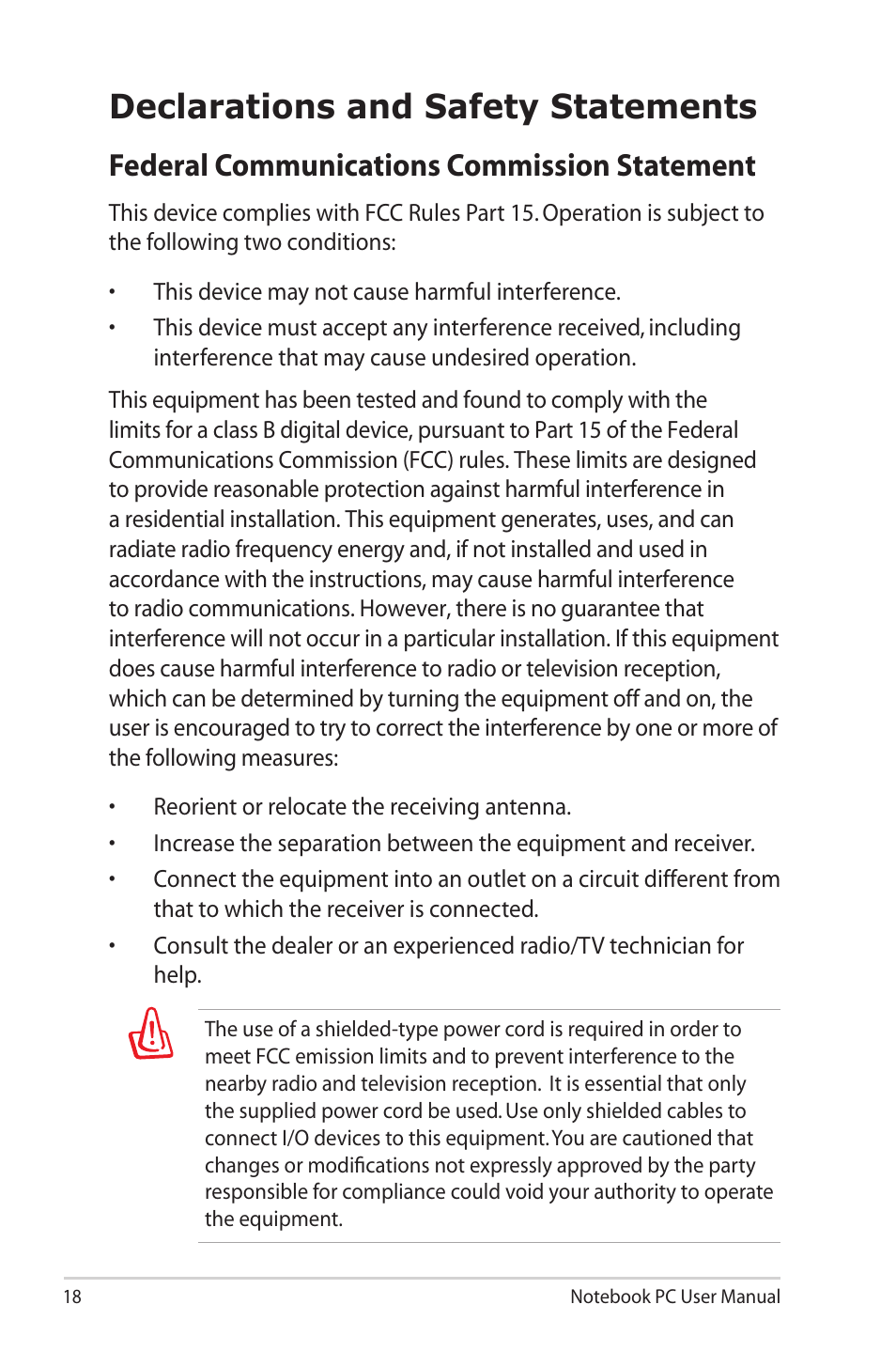 Declarations and safety statements, Federal communications commission statement | Asus U50F User Manual | Page 18 / 28