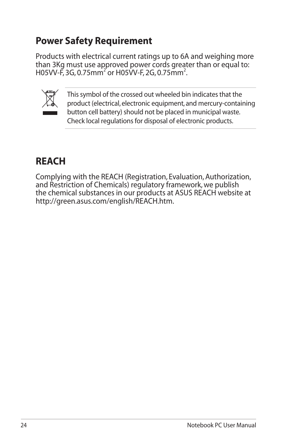 Power safety requirement, Reach, Power safety requirement reach | Asus U50F User Manual | Page 24 / 28