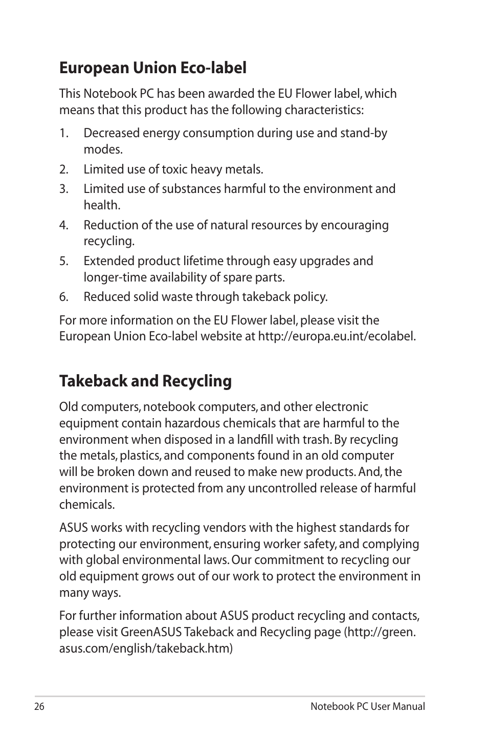 European union eco-label, Takeback and recycling, European union eco-label takeback and recycling | Asus U50F User Manual | Page 26 / 28