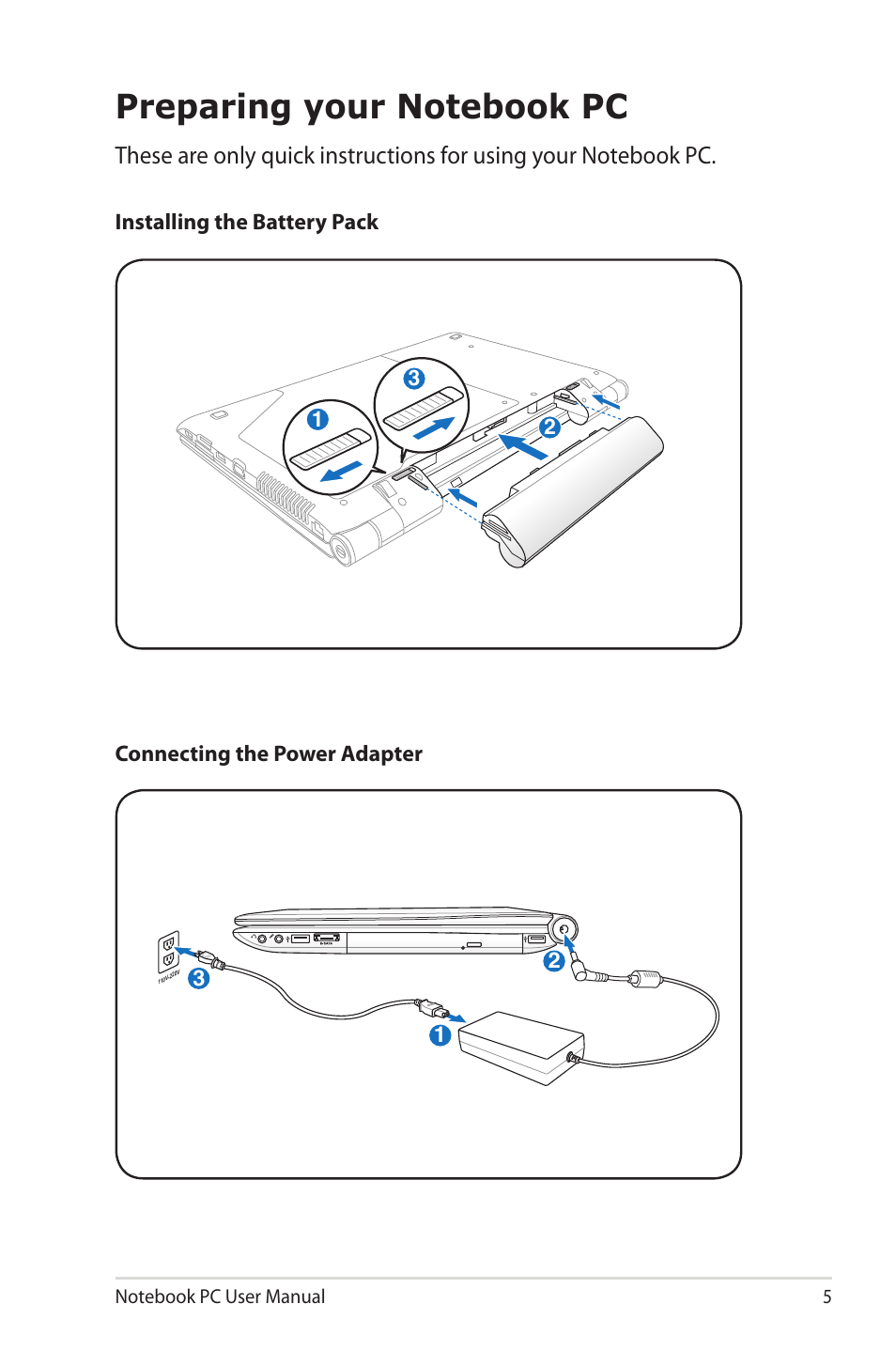 Preparing your notebook pc | Asus U50F User Manual | Page 5 / 28