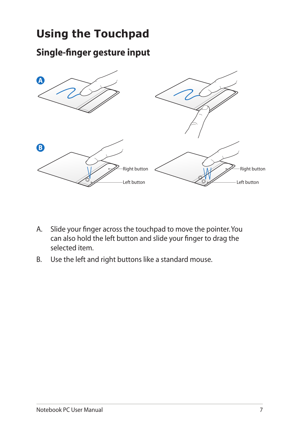 Using the touchpad, Single-finger gesture input | Asus U50F User Manual | Page 7 / 28