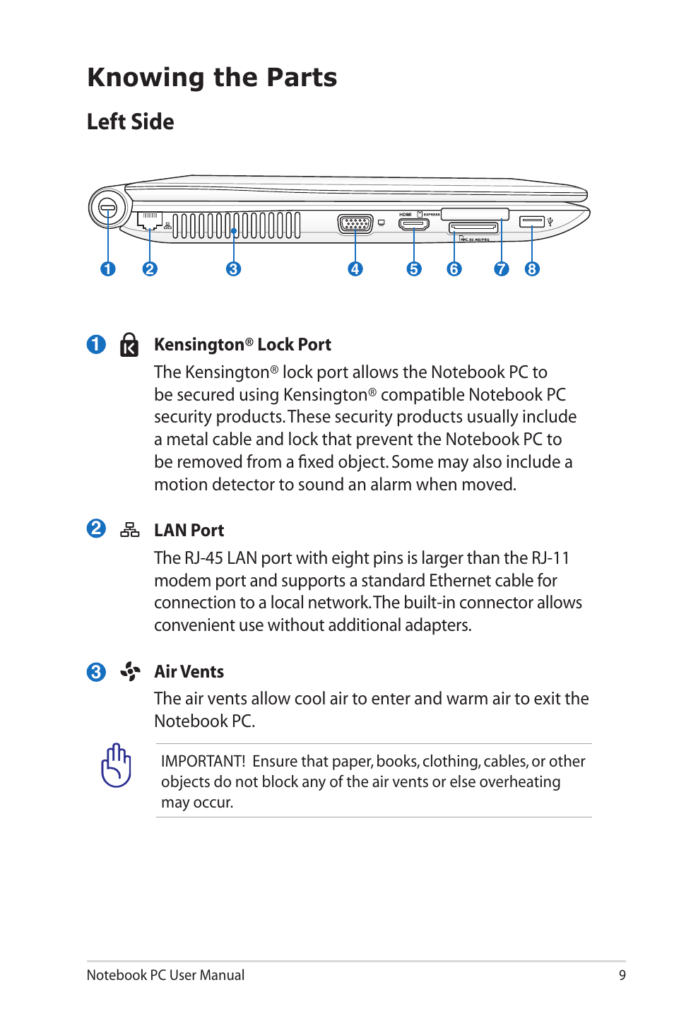 Knowing the parts, Left side | Asus U50F User Manual | Page 9 / 28