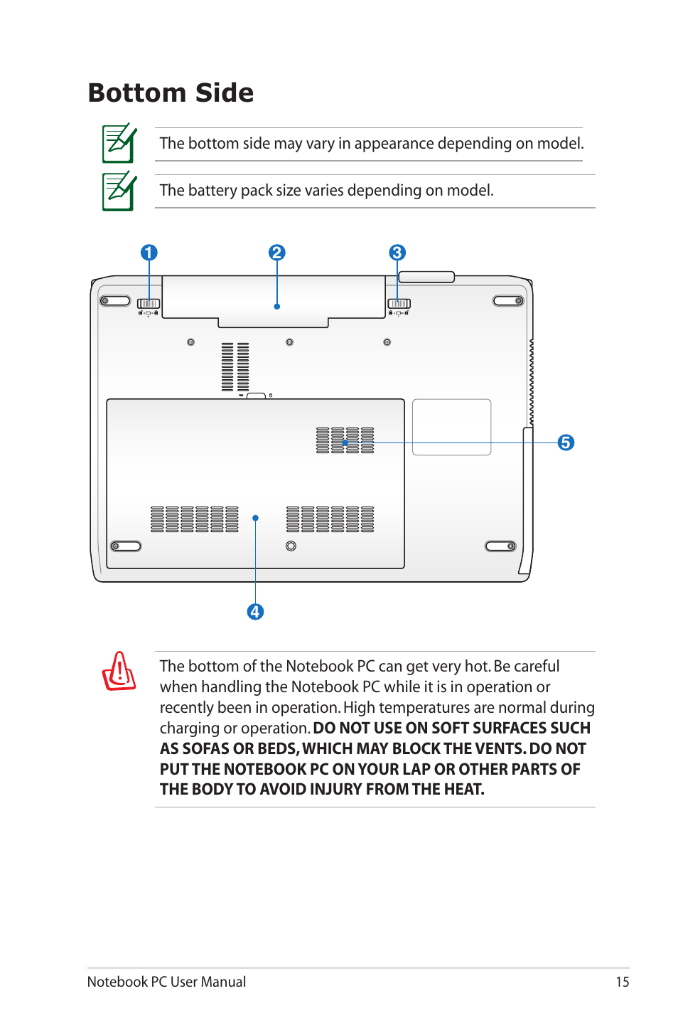 Bottom side | Asus X7BSM User Manual | Page 15 / 112