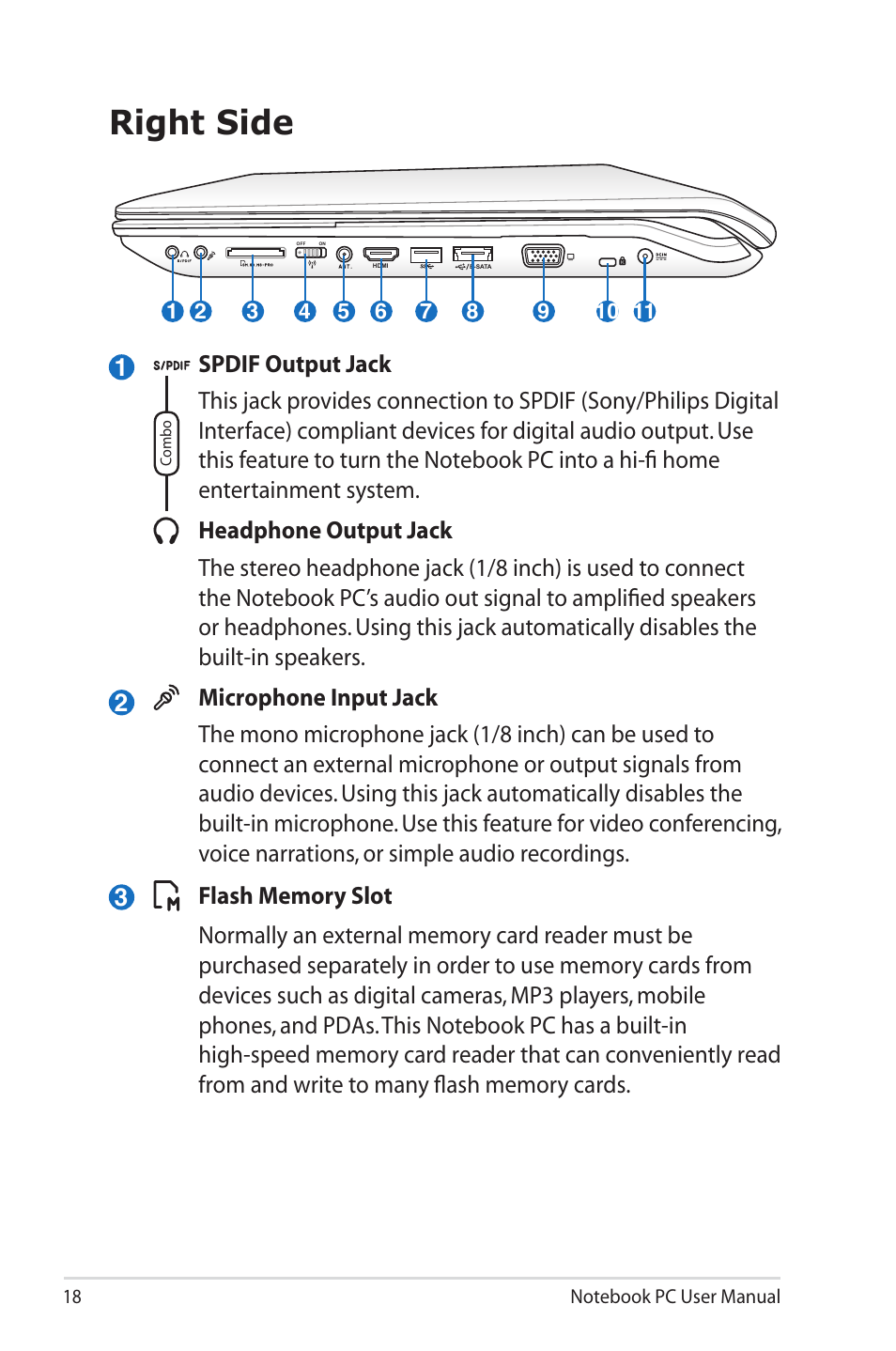 Right side | Asus X7BSM User Manual | Page 18 / 112