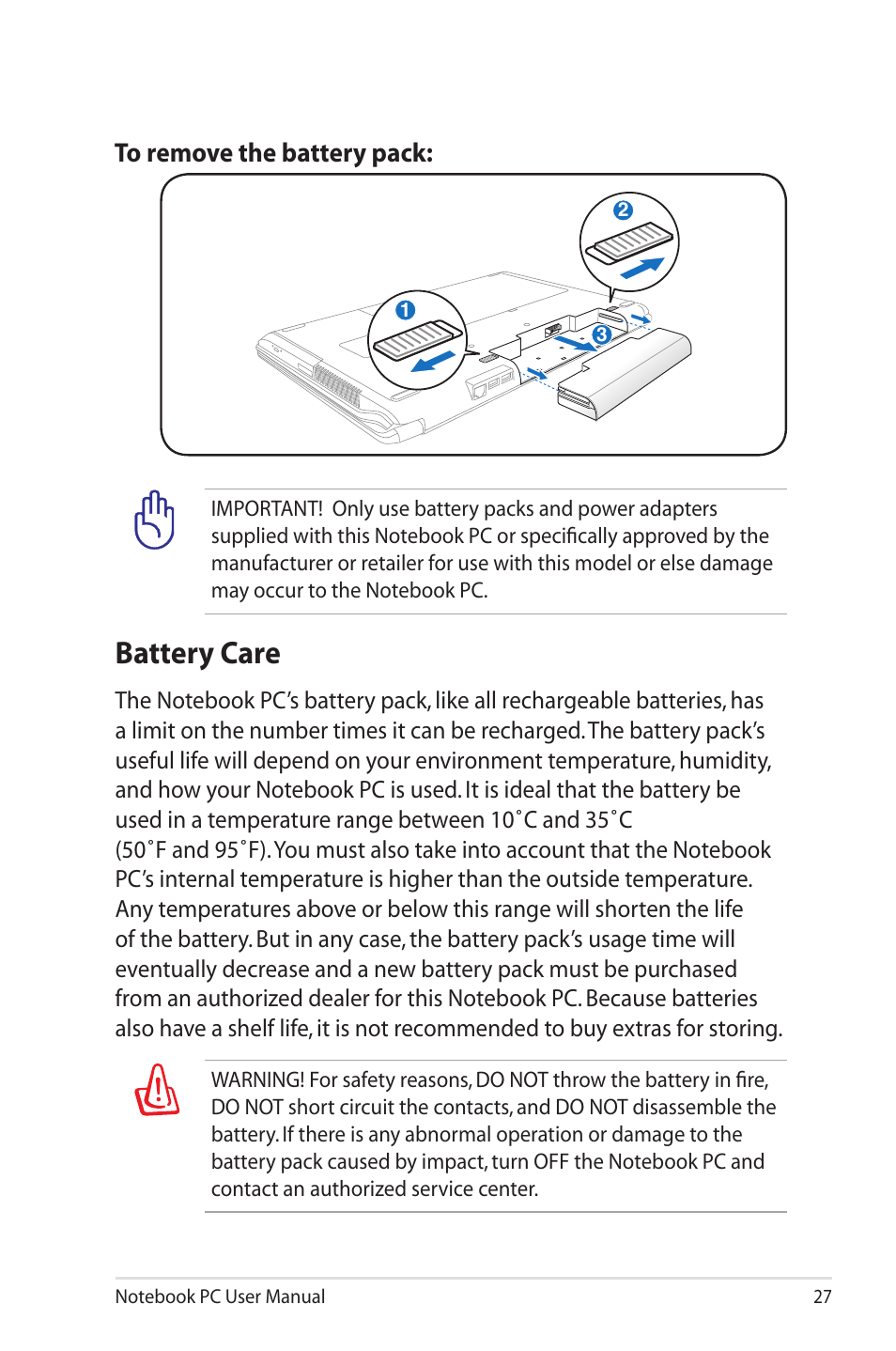 Battery care | Asus X7BSM User Manual | Page 27 / 112