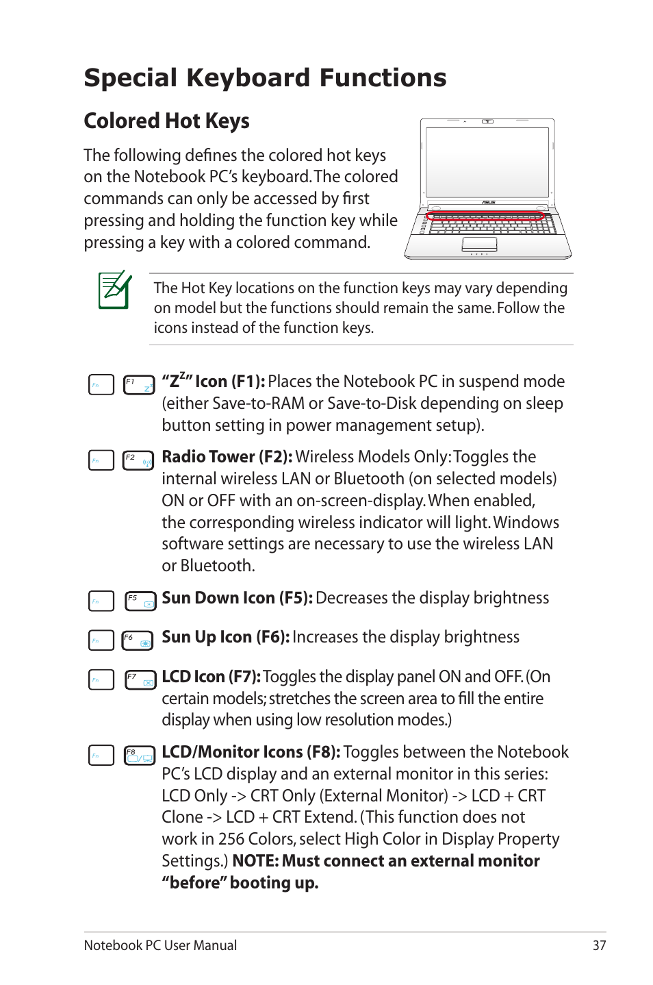 Special keyboard functions, Colored hot keys | Asus X7BSM User Manual | Page 37 / 112