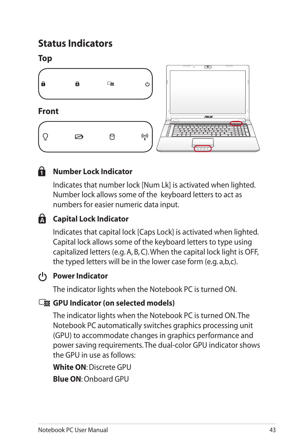 Status indicators | Asus X7BSM User Manual | Page 43 / 112