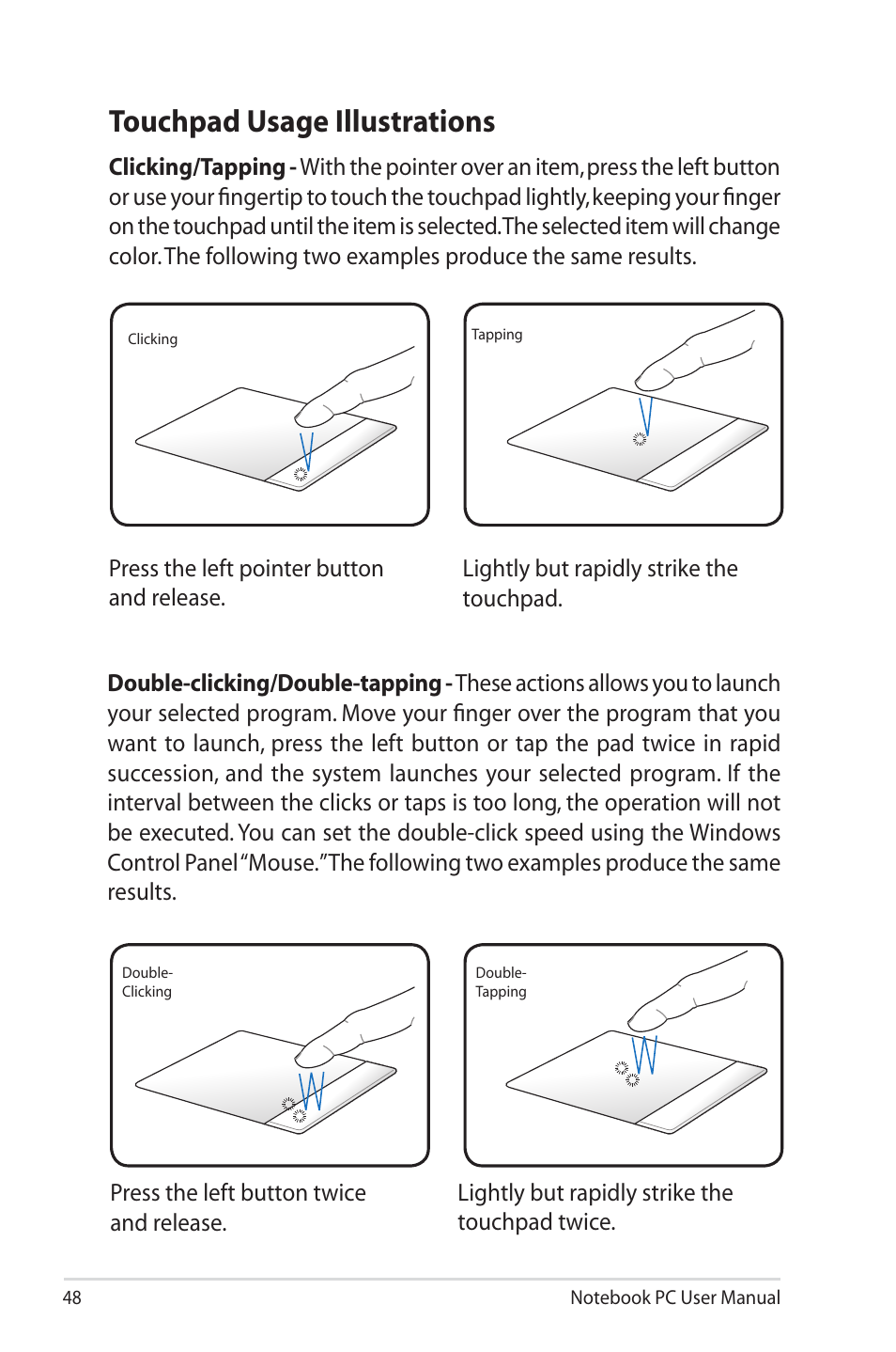 Touchpad usage illustrations | Asus X7BSM User Manual | Page 48 / 112