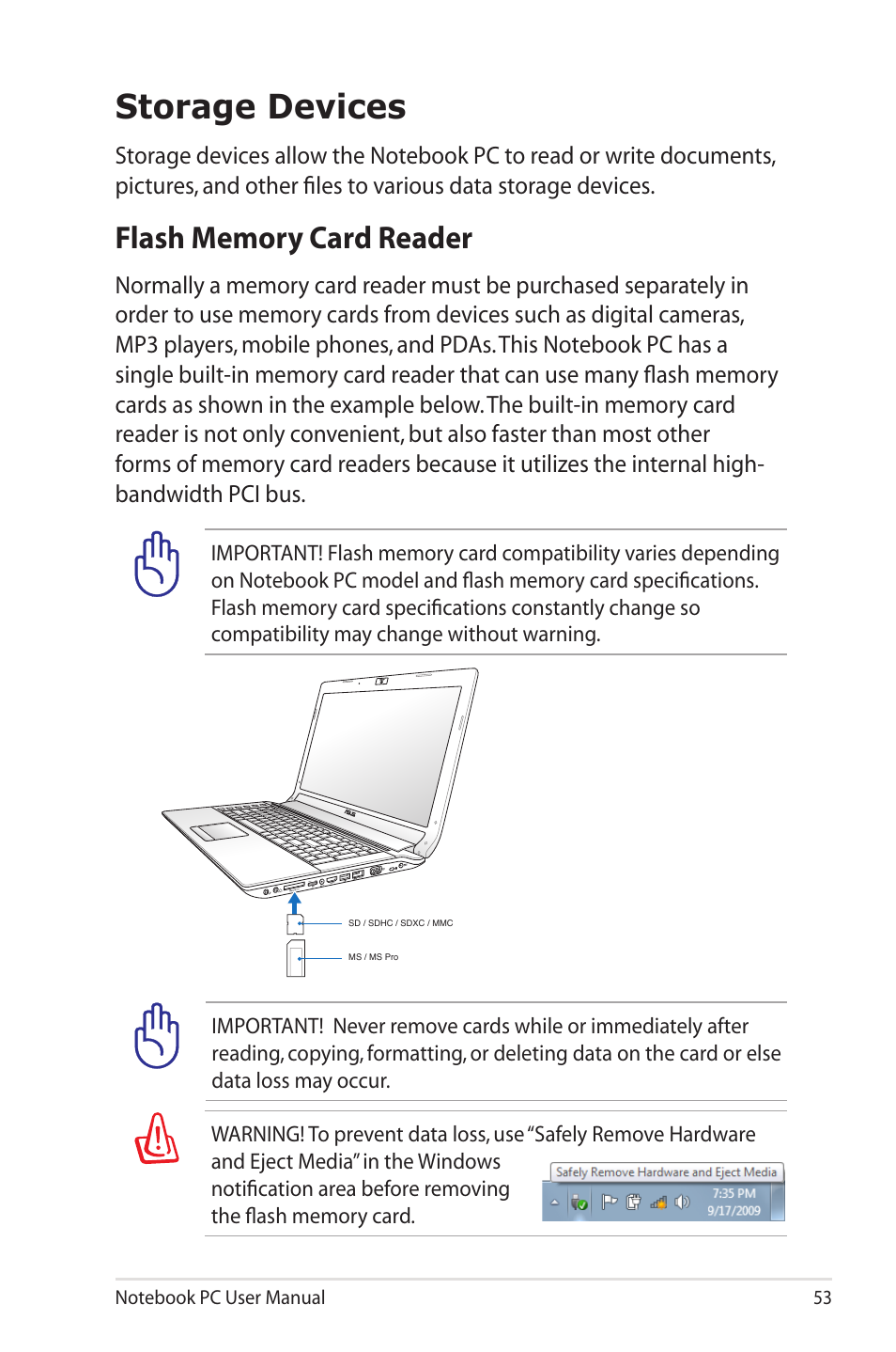 Storage devices, Flash memory card reader | Asus X7BSM User Manual | Page 53 / 112