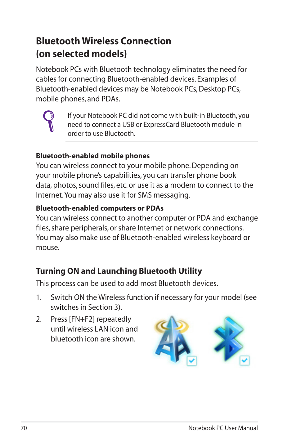 Bluetooth wireless connection(on selected models), Bluetooth wireless connection (on selected models) | Asus X7BSM User Manual | Page 70 / 112