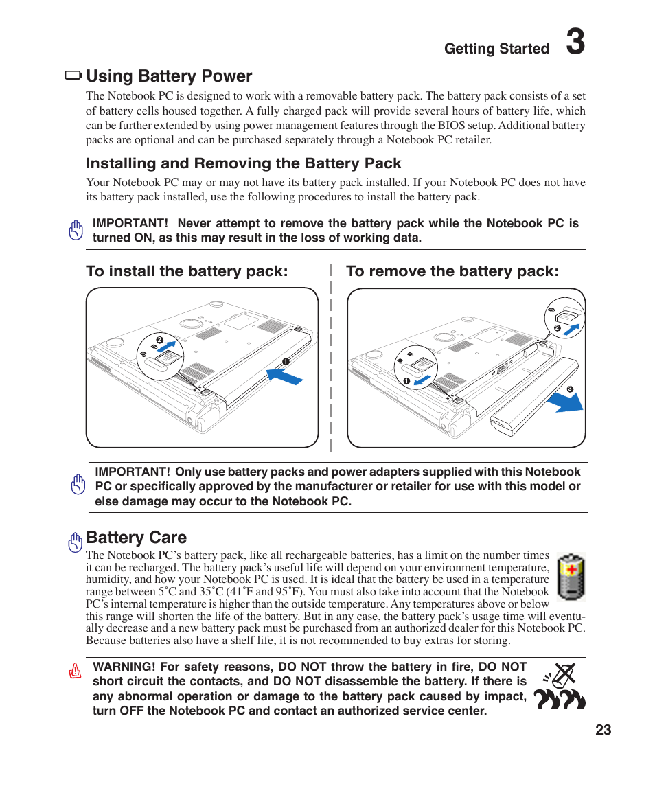 Using battery power, Battery care | Asus W1J User Manual | Page 23 / 79