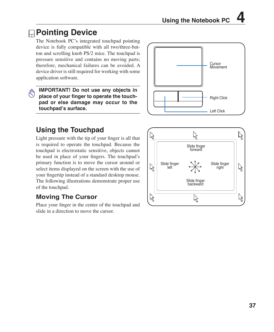 Pointing device, Using the touchpad | Asus W1J User Manual | Page 37 / 79