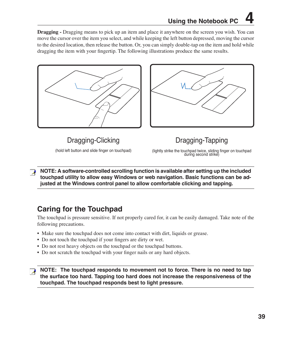 Caring for the touchpad, Dragging-clicking dragging-tapping | Asus W1J User Manual | Page 39 / 79