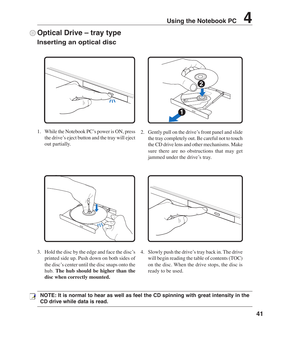 Optical drive – tray type | Asus W1J User Manual | Page 41 / 79