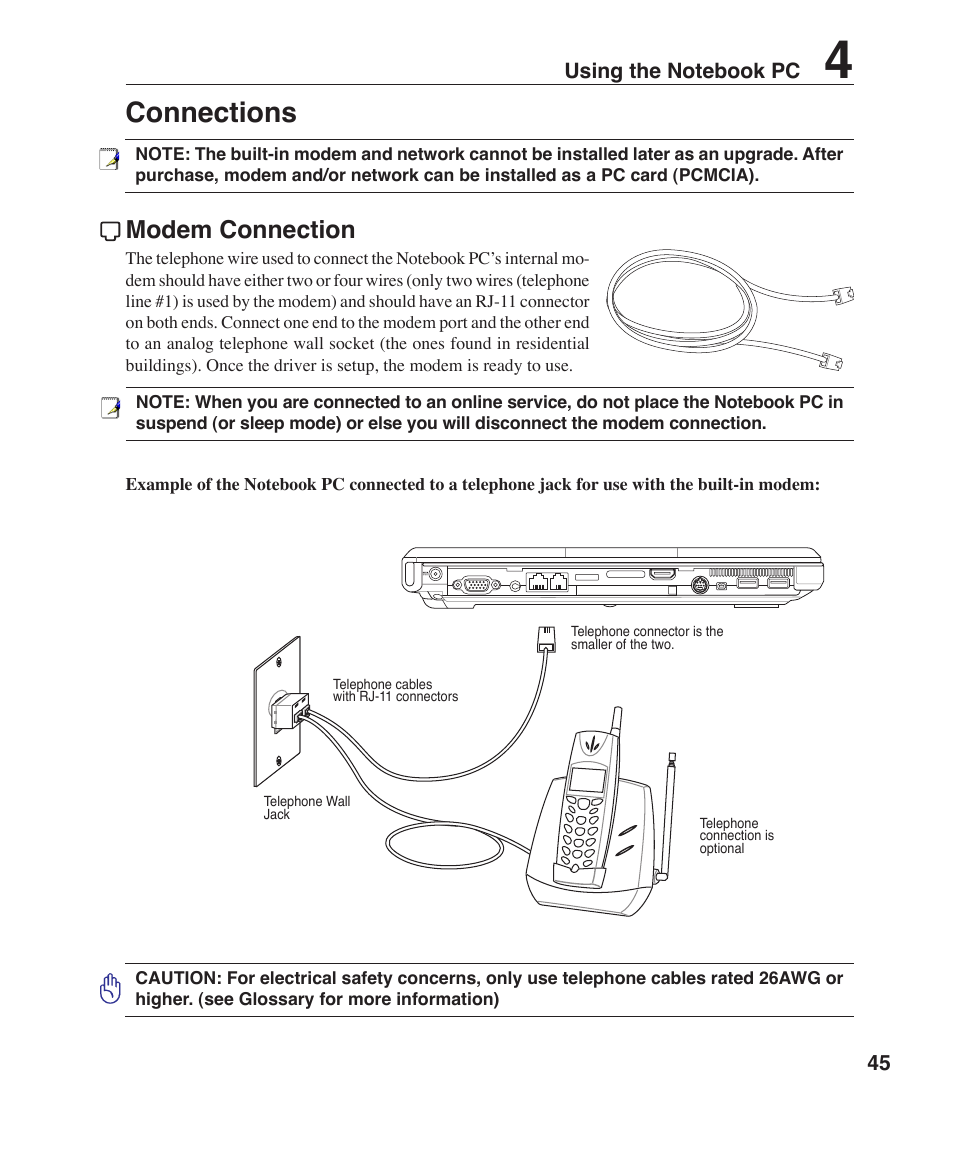 Connections, Modem connection | Asus W1J User Manual | Page 45 / 79