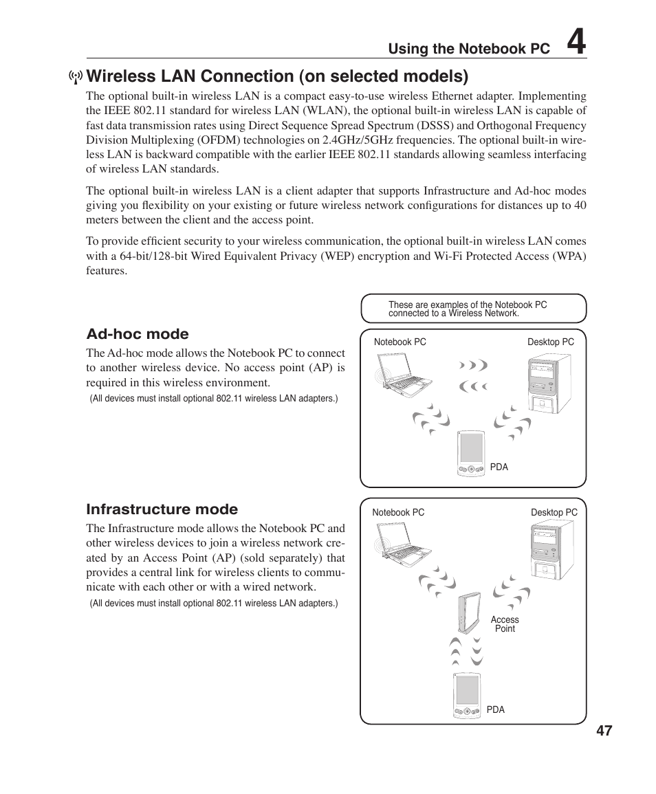 Wireless lan connection (on selected models) | Asus W1J User Manual | Page 47 / 79