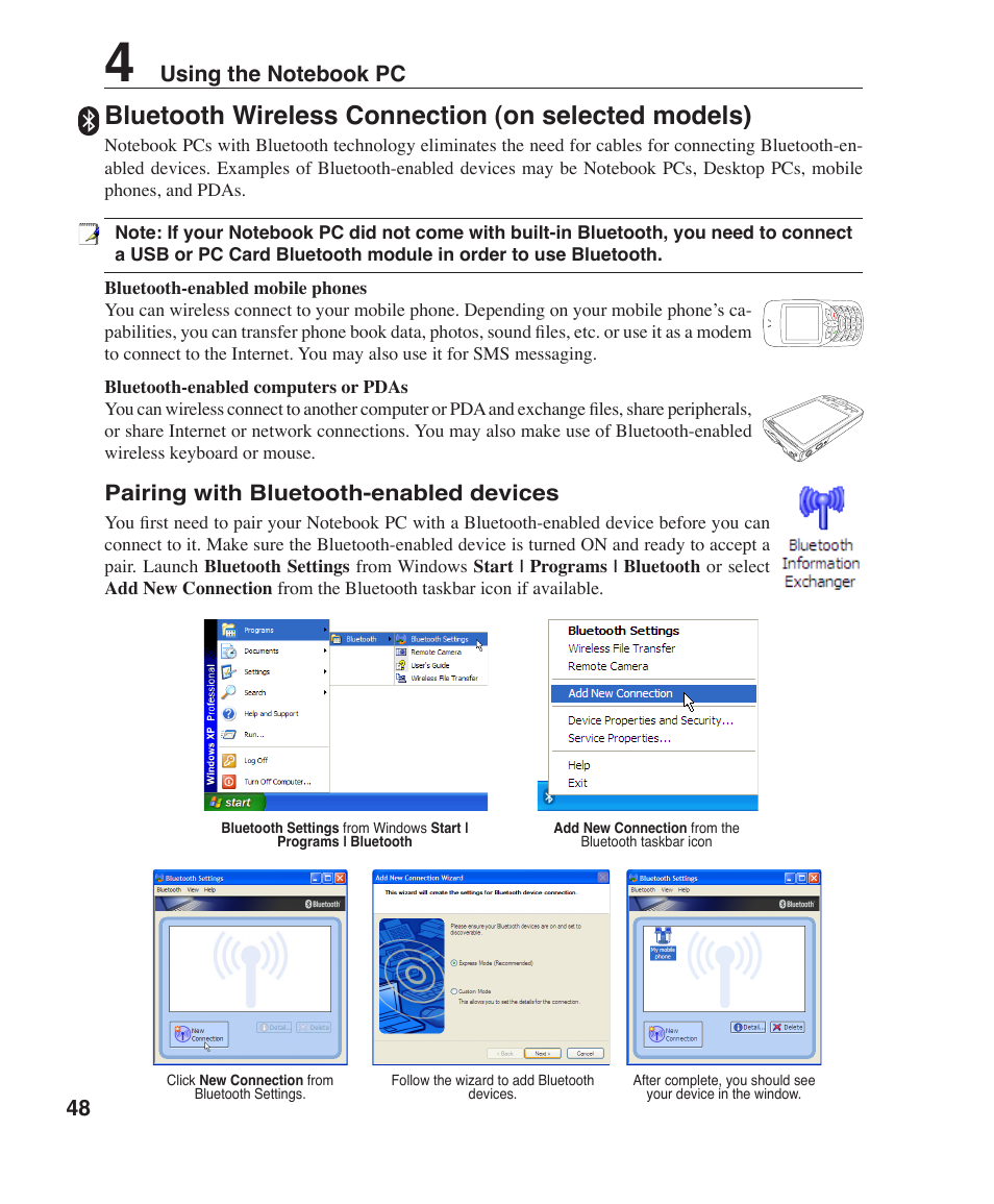 Bluetooth wireless connection (on selected models), Pairing with bluetooth-enabled devices | Asus W1J User Manual | Page 48 / 79