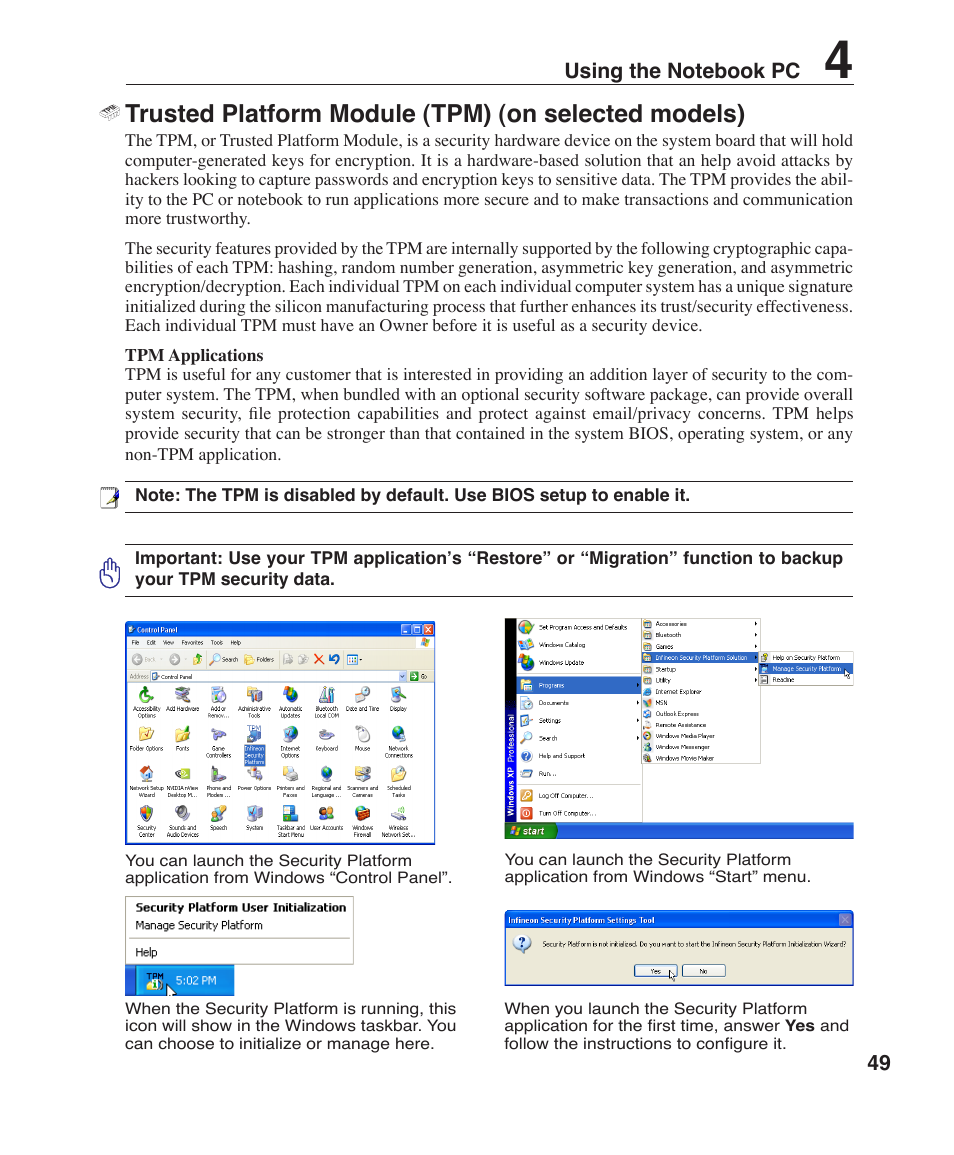 Trusted platform module (tpm) (on selected models) | Asus W1J User Manual | Page 49 / 79