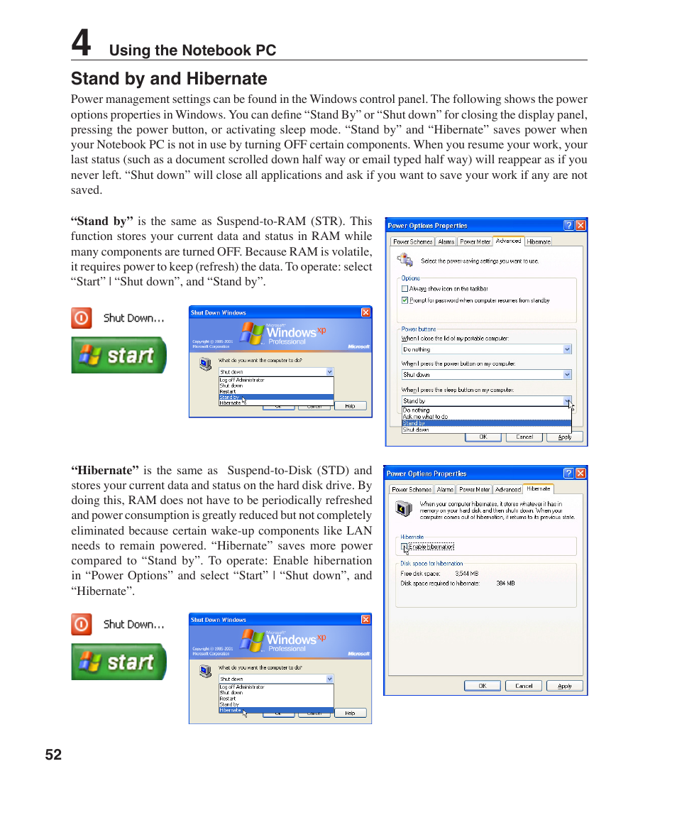 Stand by and hibernate | Asus W1J User Manual | Page 52 / 79