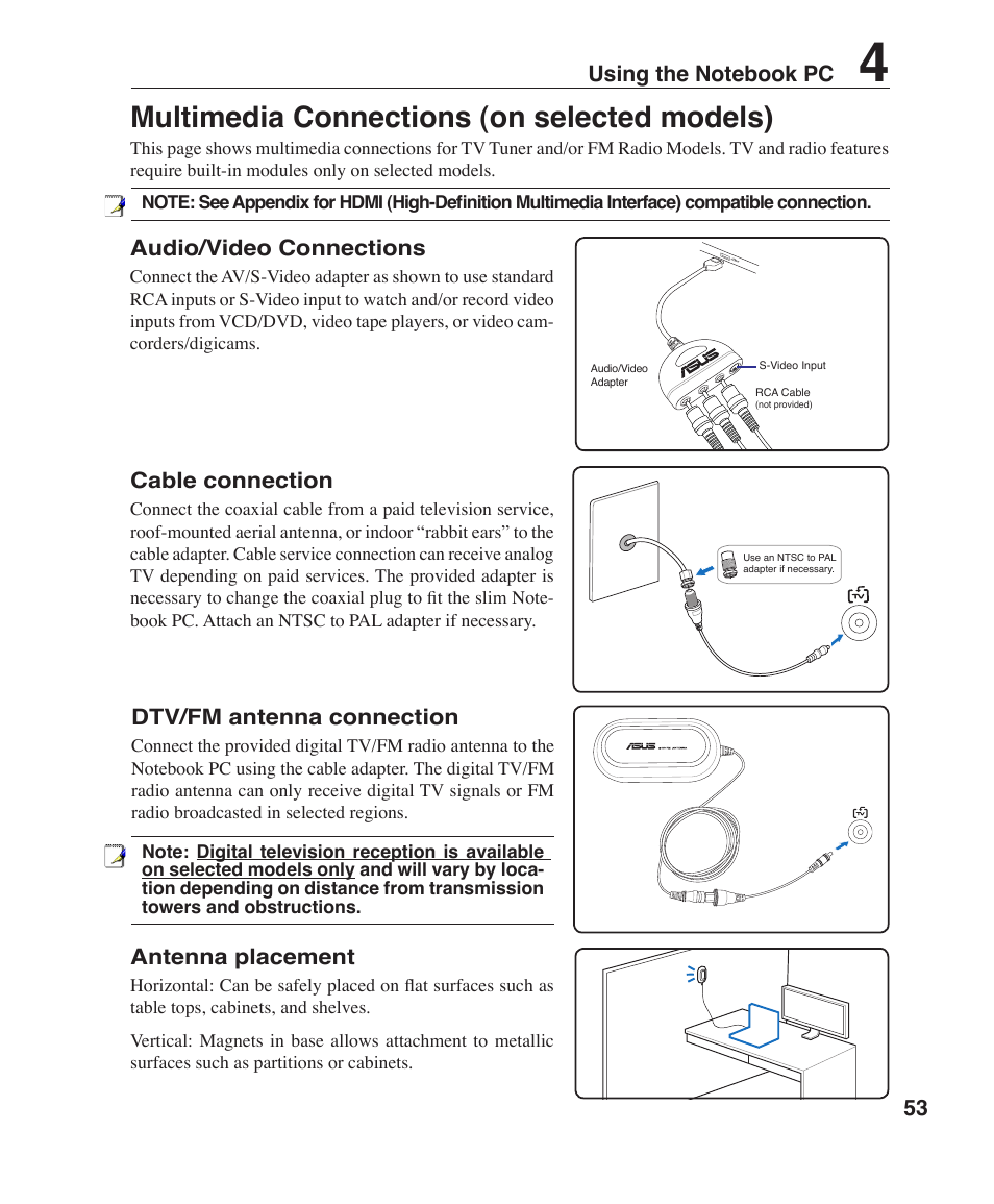 Multimedia connections (on selected models), Audio/video connections, Dtv/fm antenna connection | Cable connection, Antenna placement | Asus W1J User Manual | Page 53 / 79