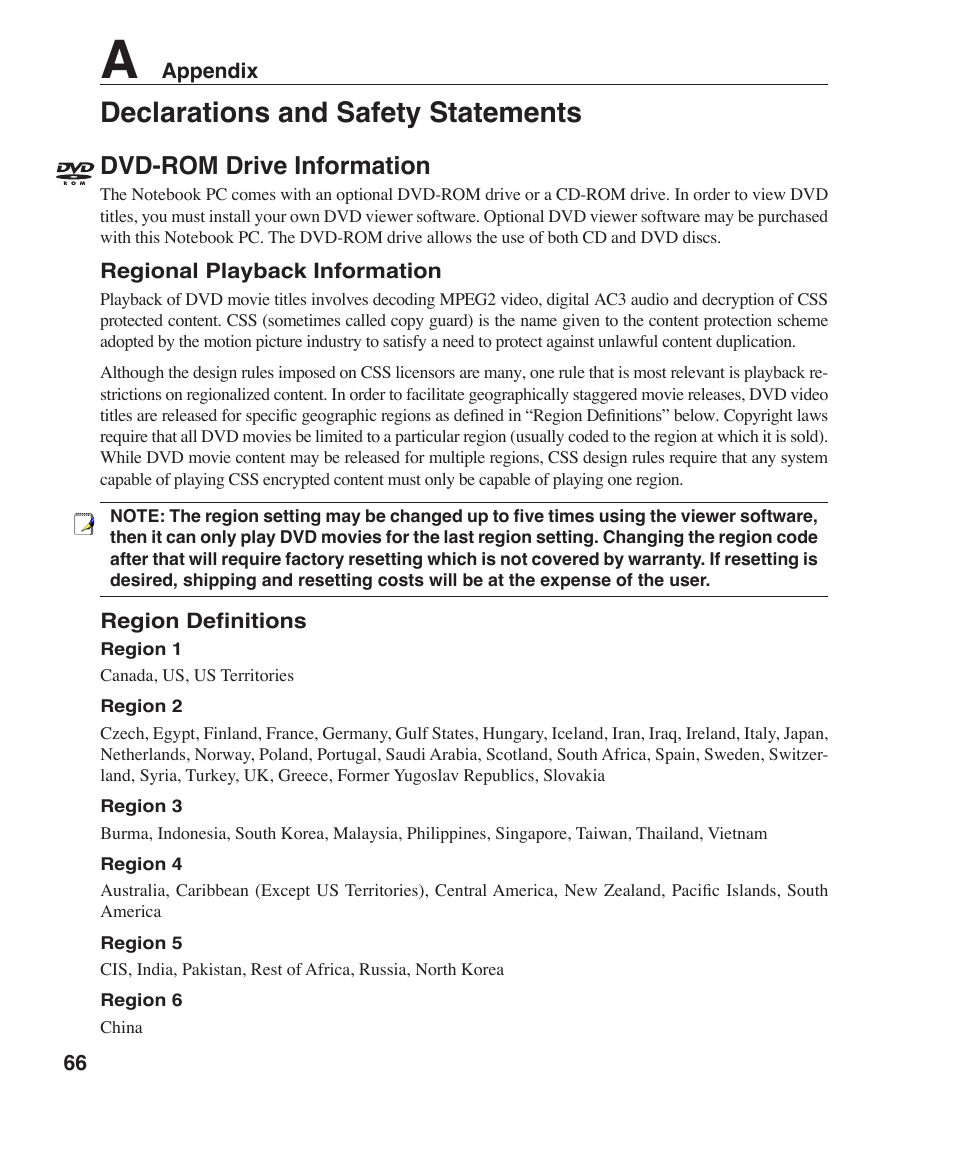 Declarations and safety statements, Dvd-rom drive information | Asus W1J User Manual | Page 66 / 79