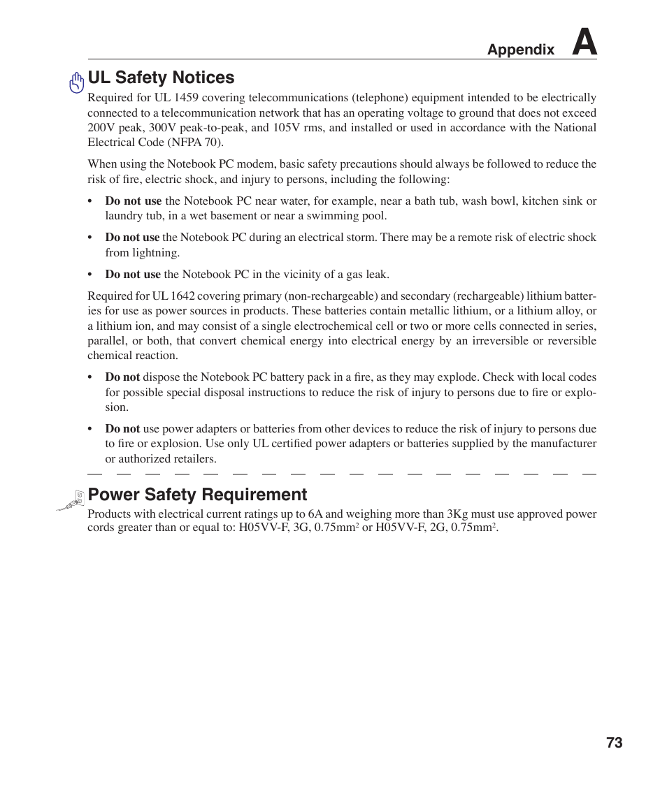 Ul safety notices, Power safety requirement | Asus W1J User Manual | Page 73 / 79