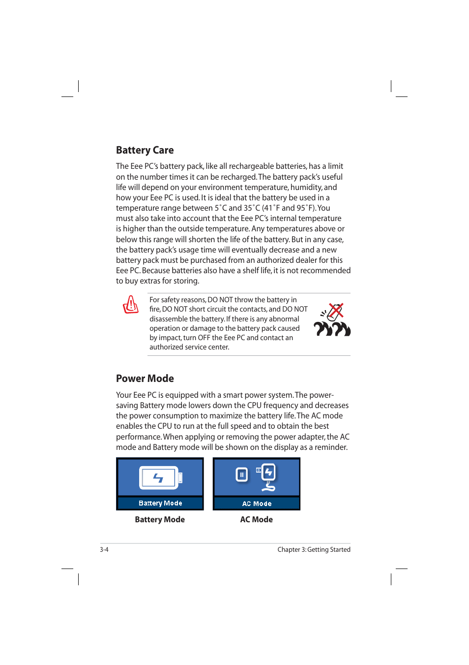 Battery care, Power mode | Asus Eee PC 904HD/XP User Manual | Page 28 / 82