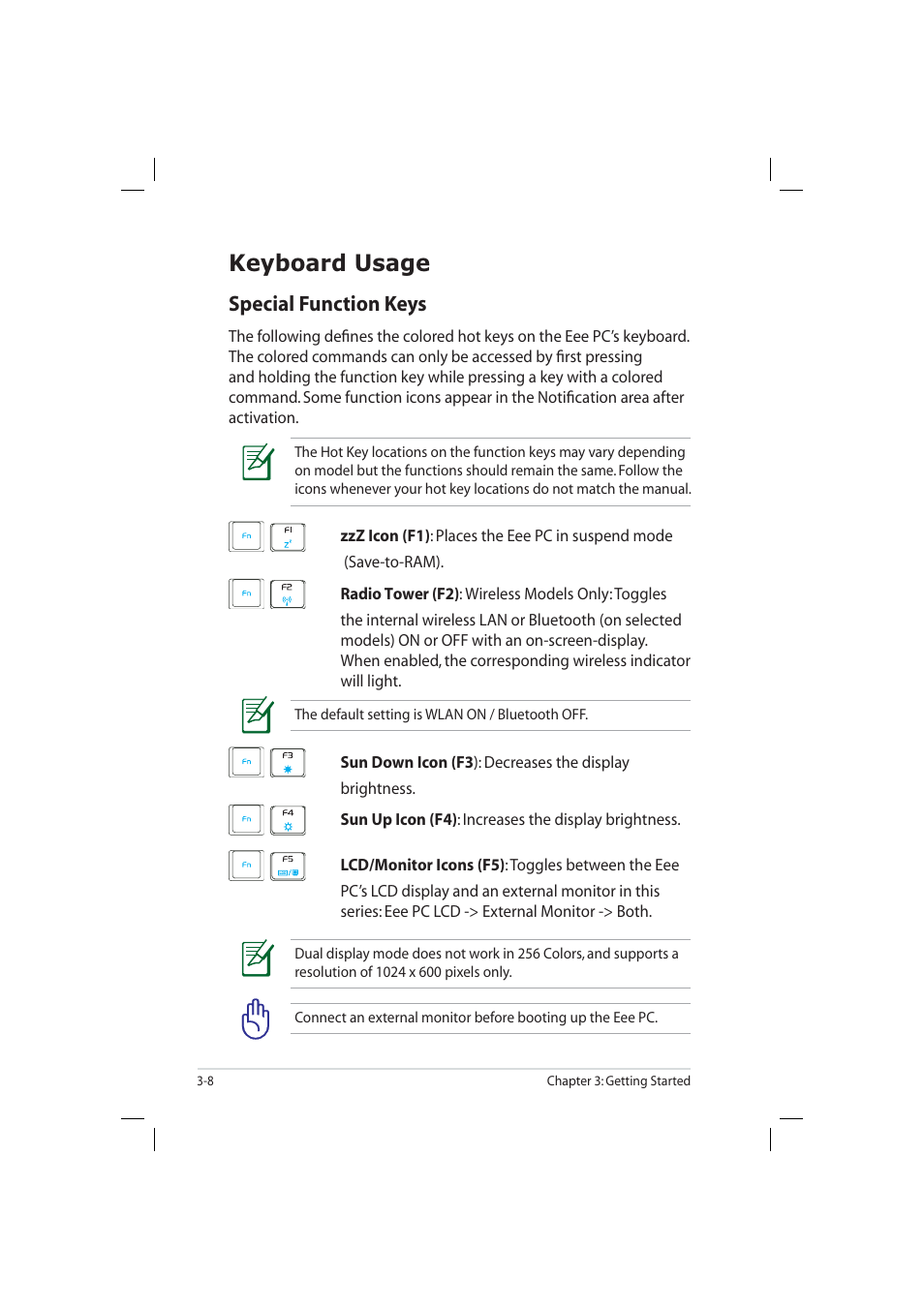 Keyboard usage, Special function keys | Asus Eee PC 904HD/XP User Manual | Page 32 / 82