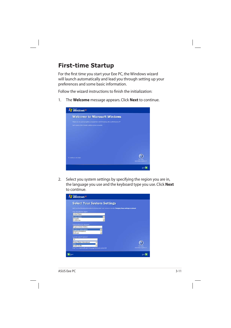 First-time startup | Asus Eee PC 904HD/XP User Manual | Page 35 / 82