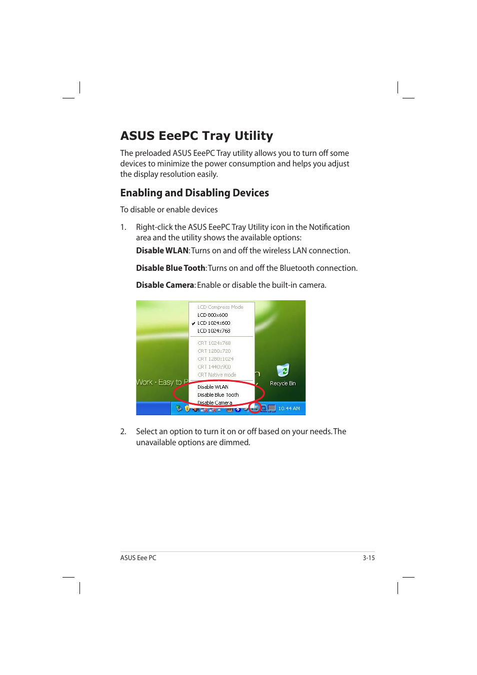 Asus eeepc tray utility, Enabling and disabling devices | Asus Eee PC 904HD/XP User Manual | Page 39 / 82