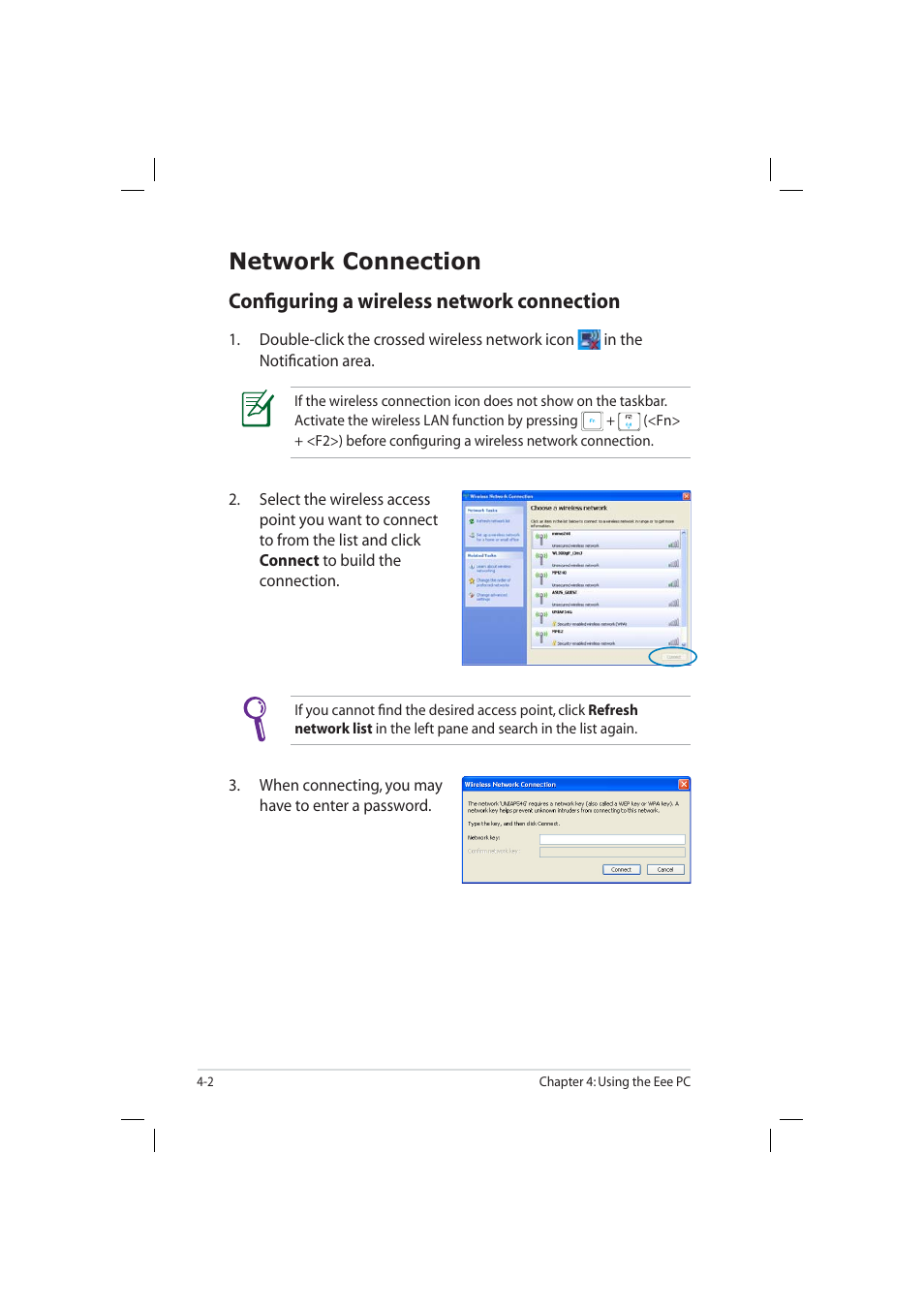 Network connection, Conﬁguring a wireless network connection | Asus Eee PC 904HD/XP User Manual | Page 44 / 82