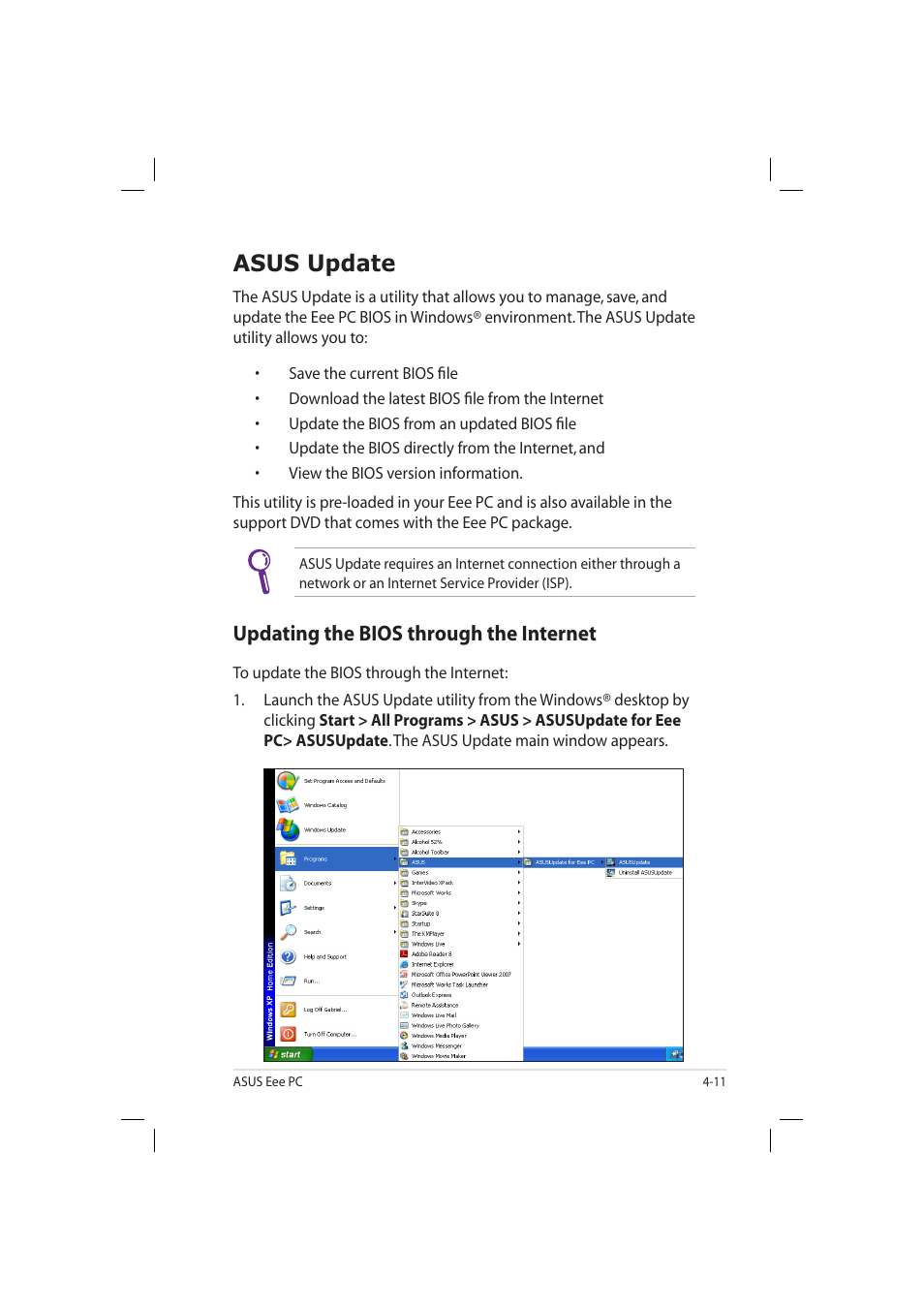 Asus update, Updating the bios through the internet | Asus Eee PC 904HD/XP User Manual | Page 53 / 82