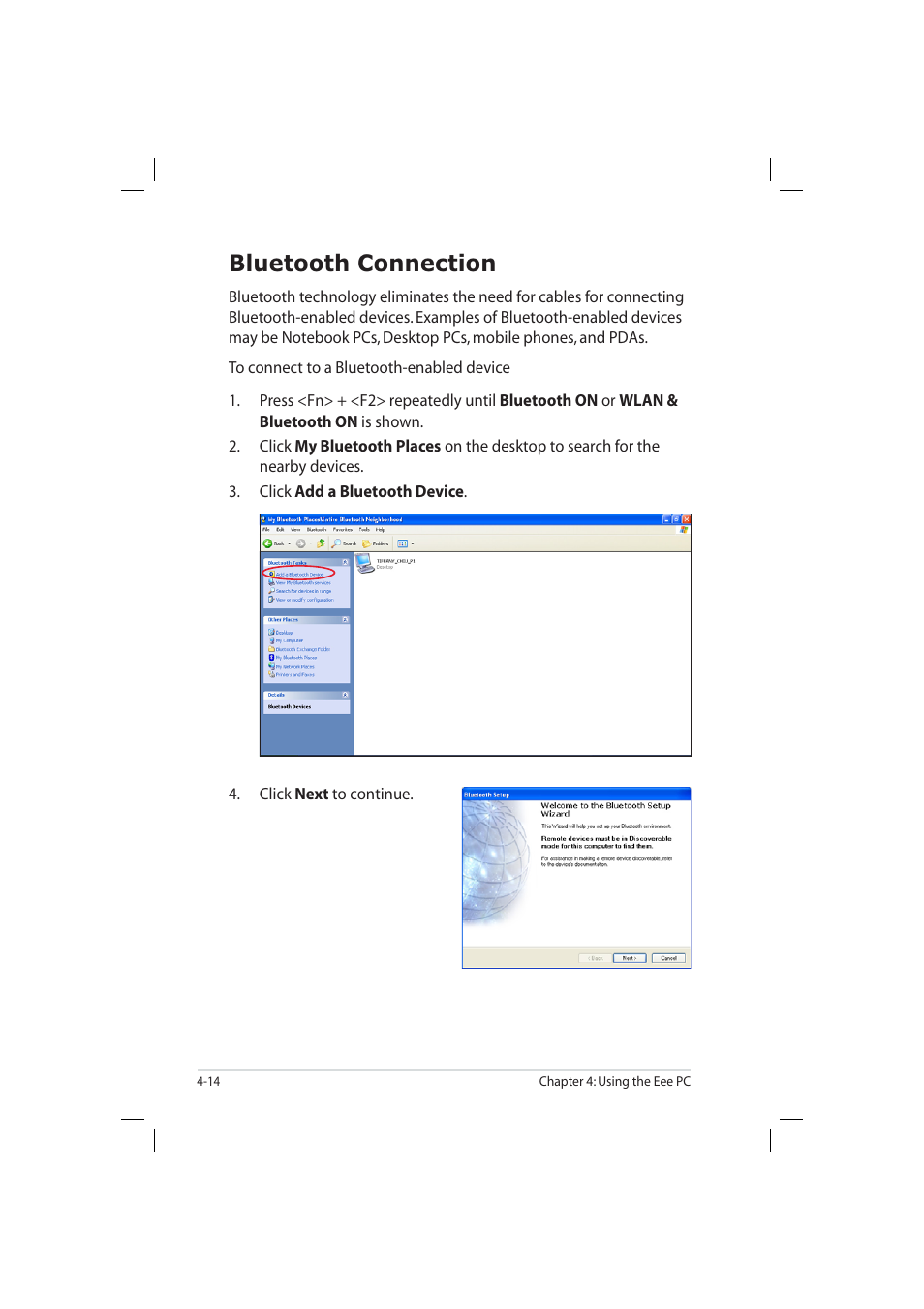 Bluetooth connection | Asus Eee PC 904HD/XP User Manual | Page 56 / 82