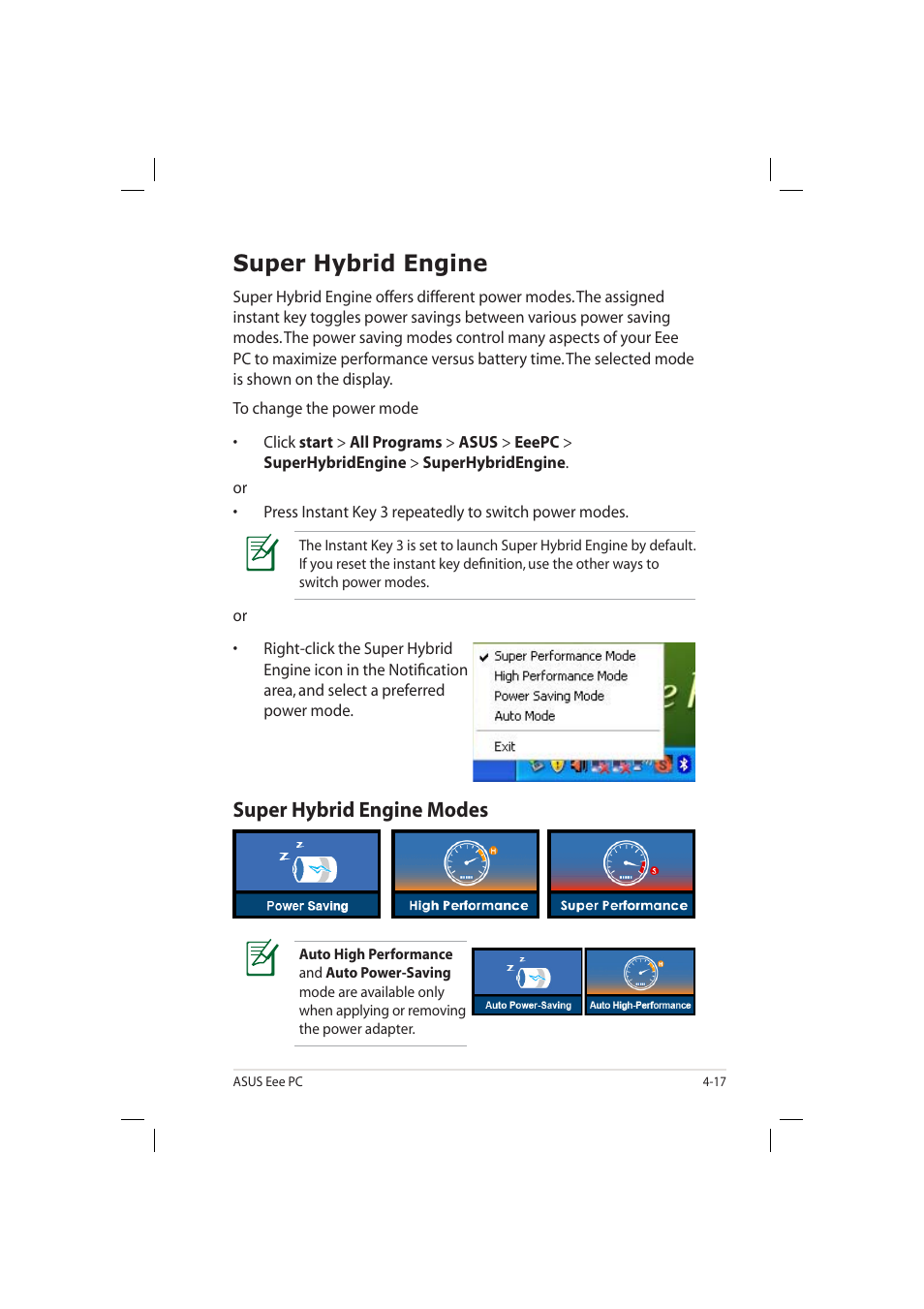 Super hybrid engine, Super hybrid engine modes | Asus Eee PC 904HD/XP User Manual | Page 59 / 82