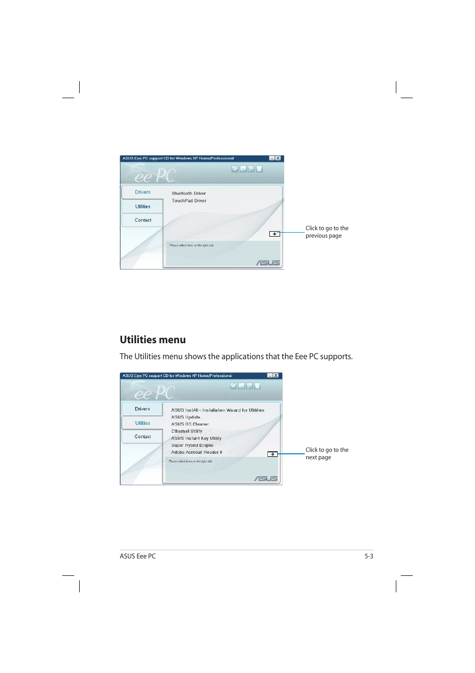 Utilities menu | Asus Eee PC 904HD/XP User Manual | Page 65 / 82