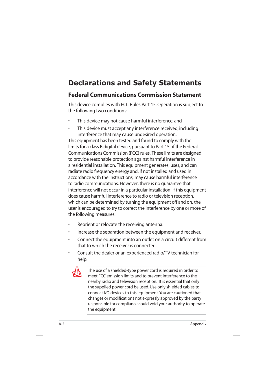 Declarations and safety statements, Federal communications commission statement | Asus Eee PC 904HD/XP User Manual | Page 70 / 82